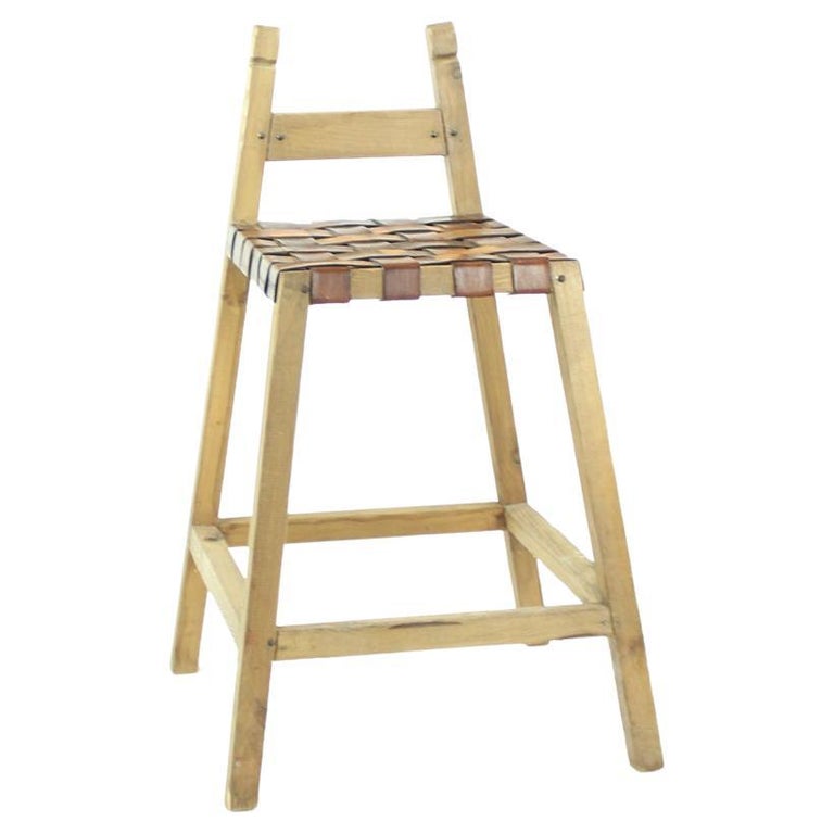 Large Vintage Bar Stools in Wood and Leather, Czechoslovakia, 1950s For