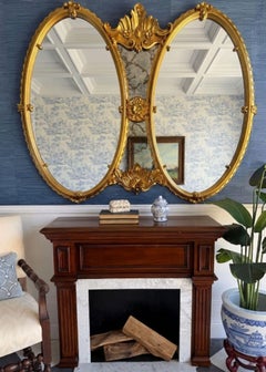 Large Vintage Bassett Gold Ornate Double Oval Wall Mirror With Mercury Glass