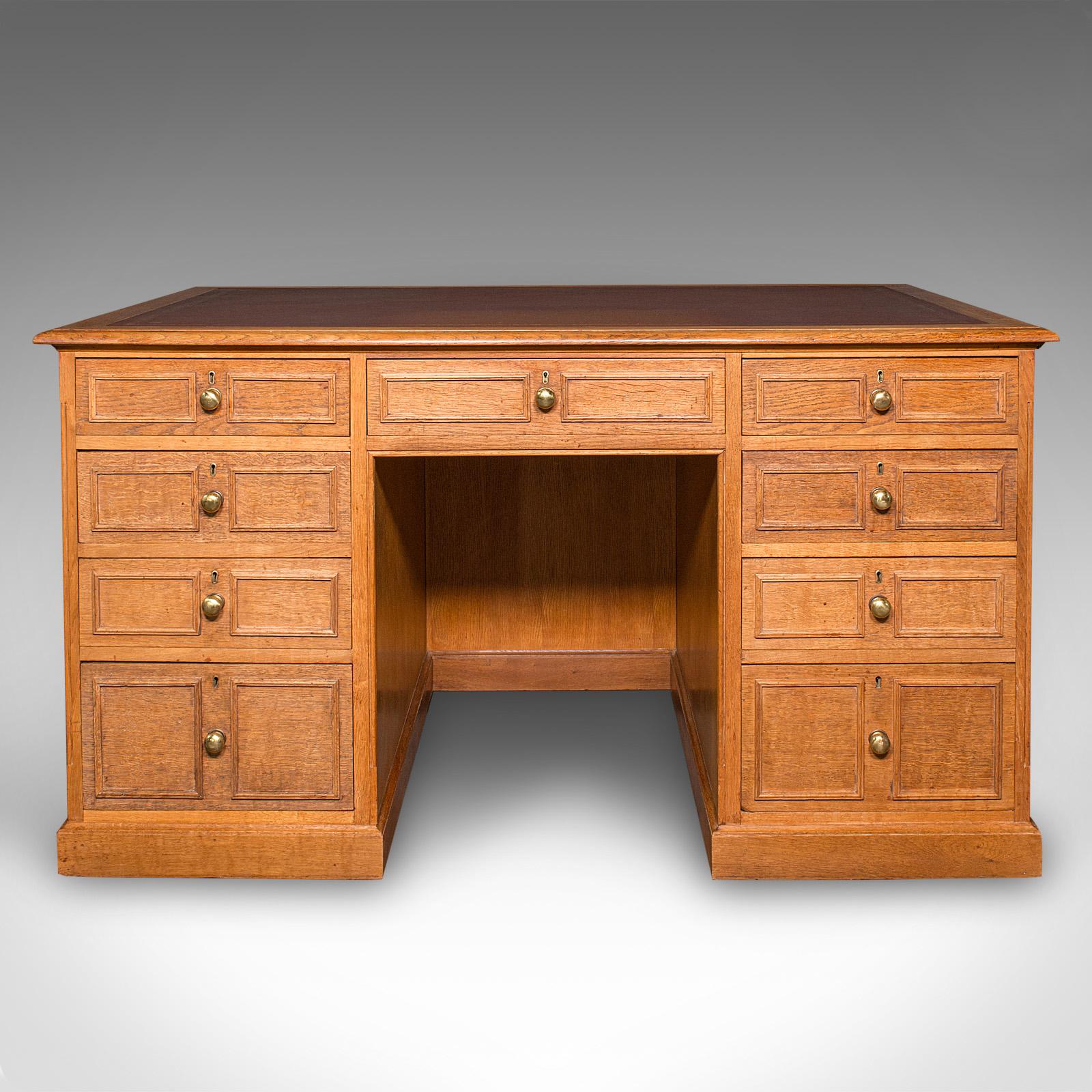 Mid-Century Modern Large Vintage Bespoke Kneehole Desk, English, Oak, Writing Table, Mid Century For Sale