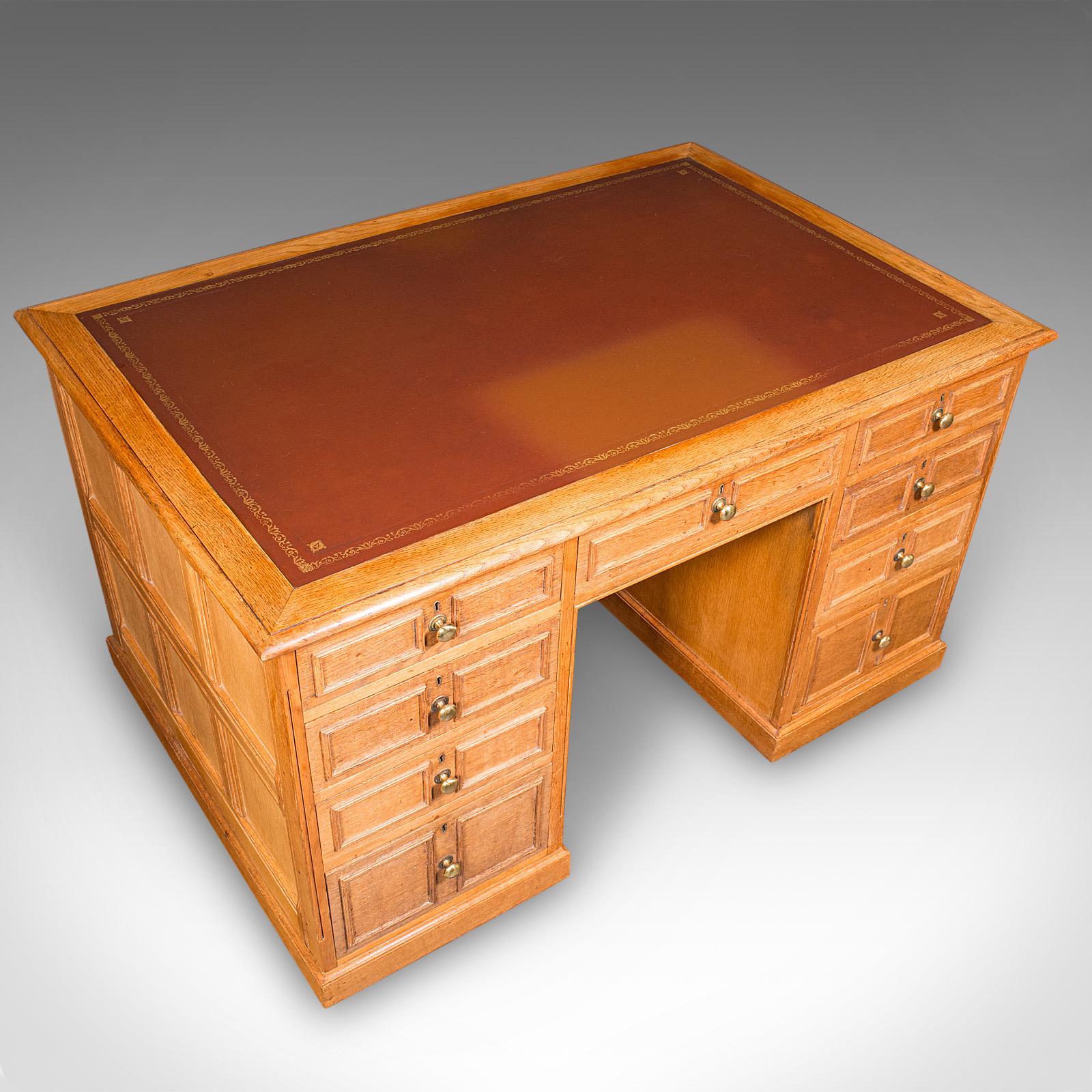Leather Large Vintage Bespoke Kneehole Desk, English, Oak, Writing Table, Mid Century For Sale