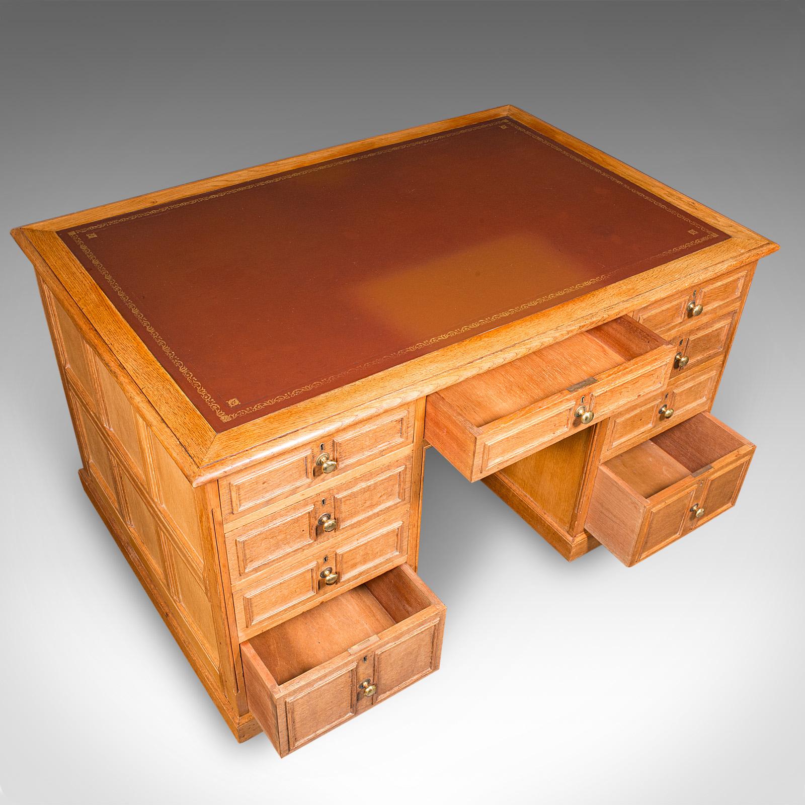 Large Vintage Bespoke Kneehole Desk, English, Oak, Writing Table, Mid Century For Sale 1