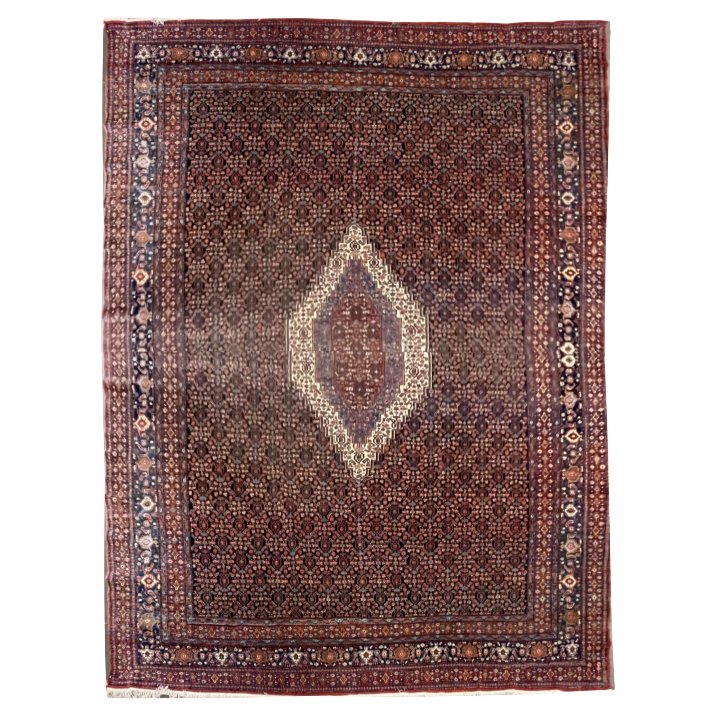 Gran Alfombra Oriental Vintage Bidjar Tejida a Mano Alfombra de Salón de Lana Rojo Profundo