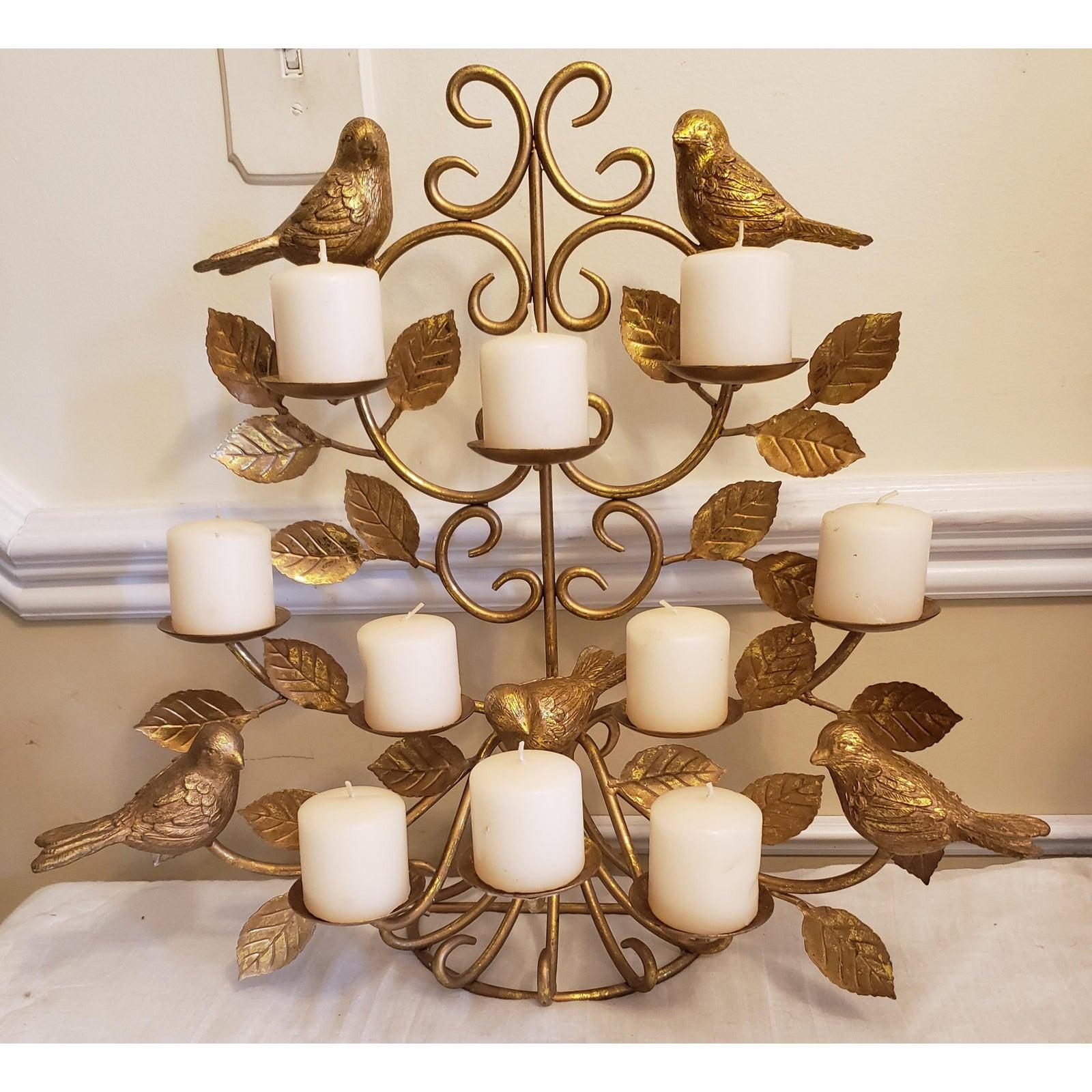 Large Vintage bird candelabra ornate wall candleholder or free standing holds 10 candles wedding home decor wall sconces. Comes with 10 new candles.
Vintage ornate candleholder features 5 beautiful birds with detailed feathers and holds 10 pillar