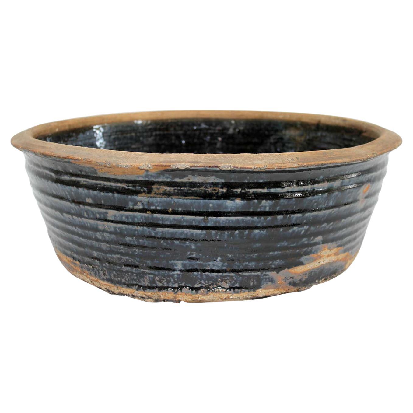 Large Vintage Black Glazed Terracotta Bowl