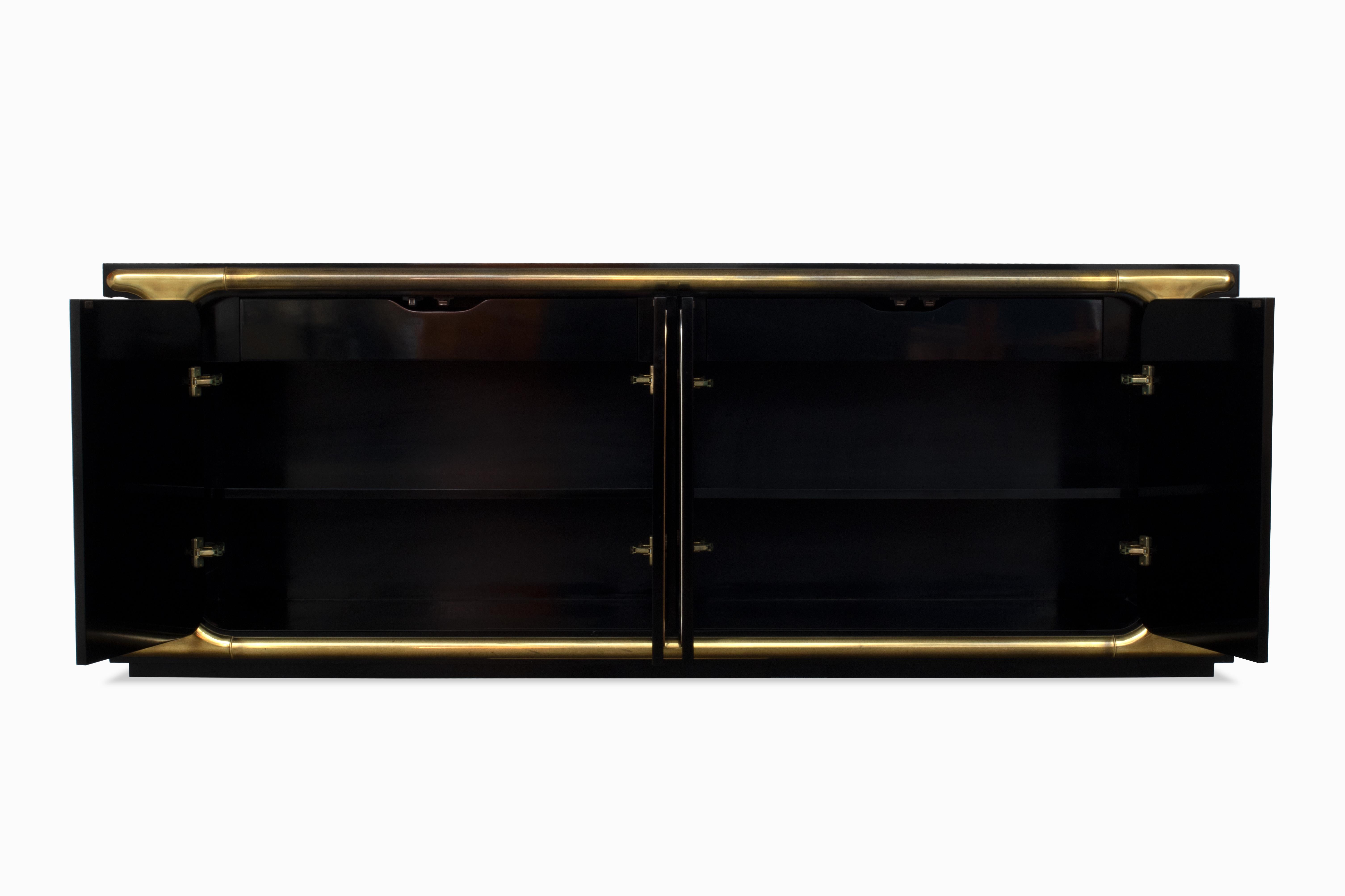 Hollywood Regency Large Vintage Black Lacquer and Brass Sideboard by Mastercraft