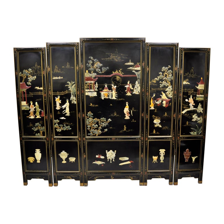 Large Vintage Black Lacquer Oriental Chinese Carved Soapstone 5Panel