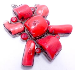 Large Vintage Blood Coral & Sterling Silver Pawn Pendant