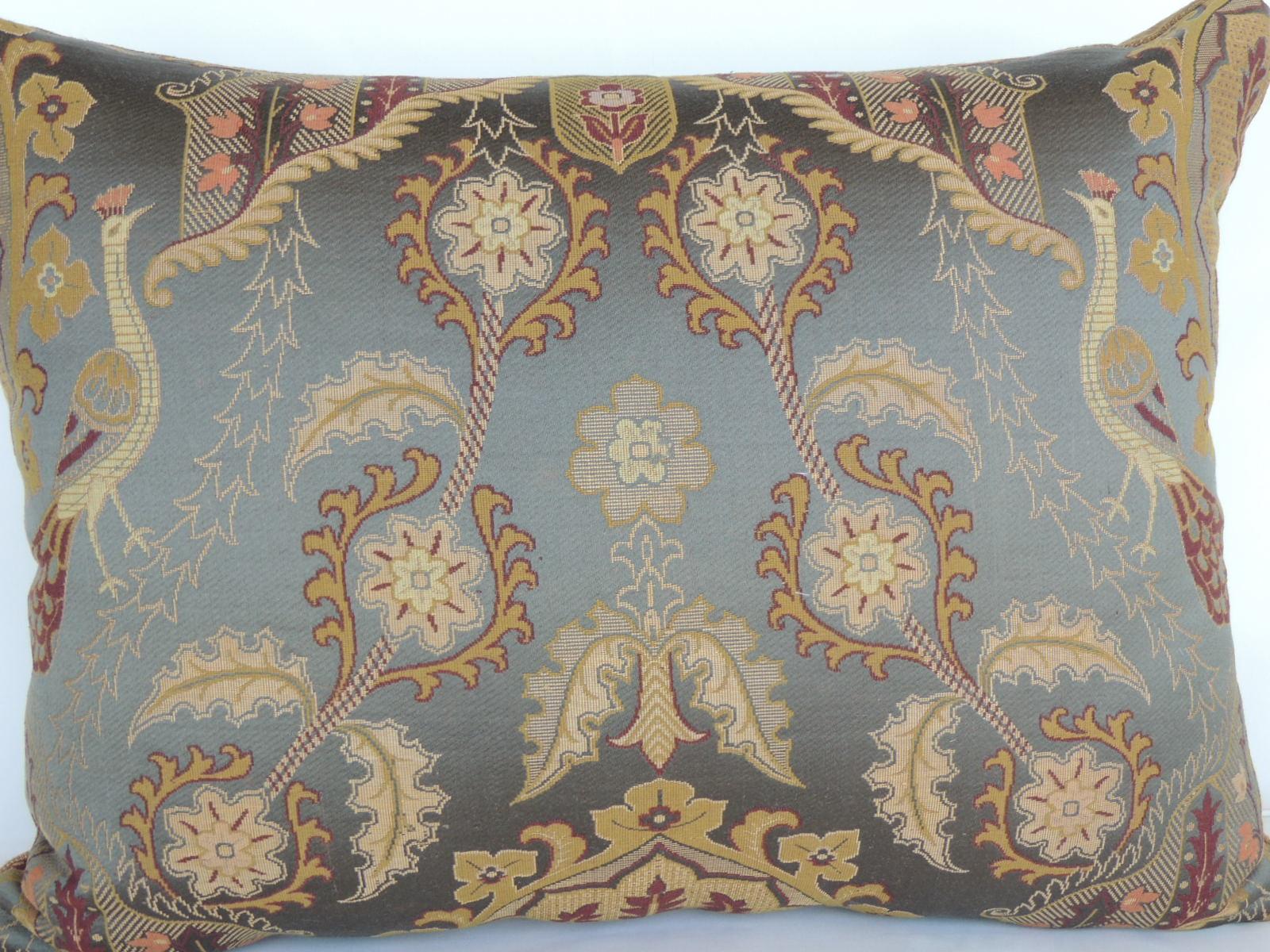 Baroque Large Vintage Blue and Gold Silk Peacocks Decorative Bolster Pillow