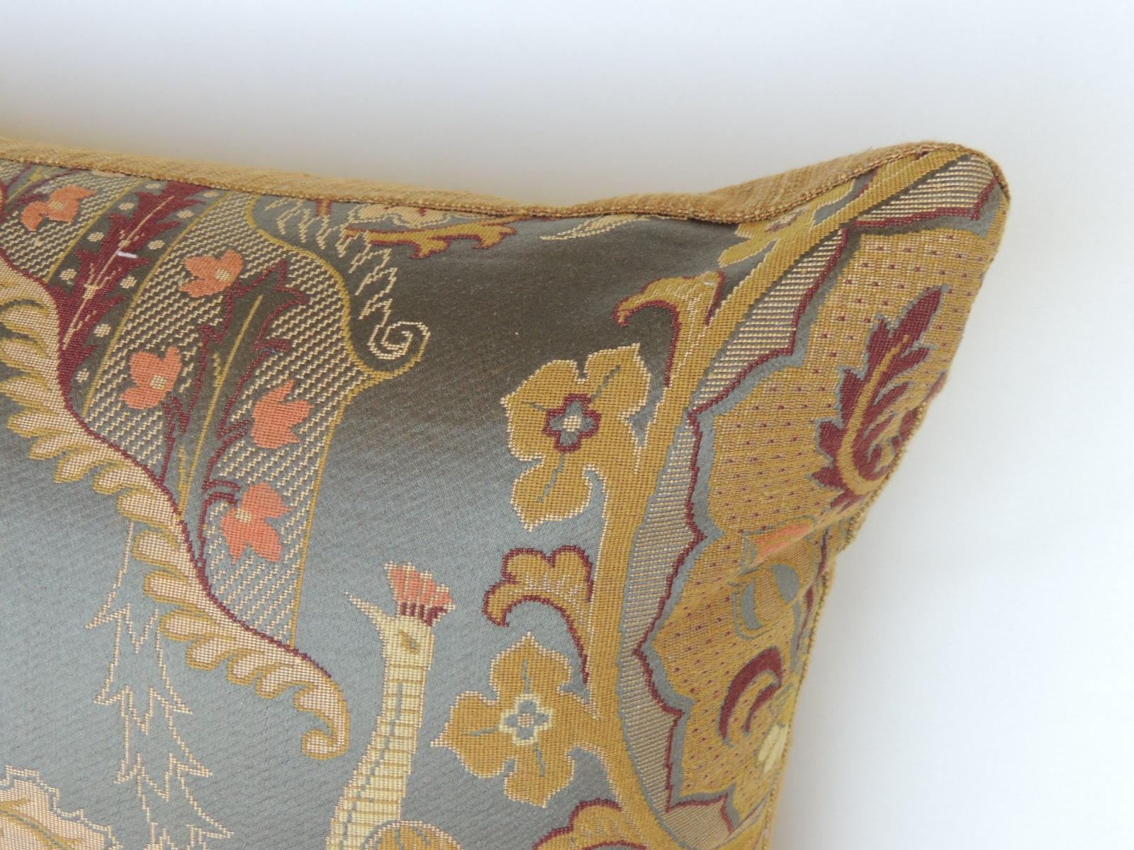 European Large Vintage Blue and Gold Silk Peacocks Decorative Bolster Pillow