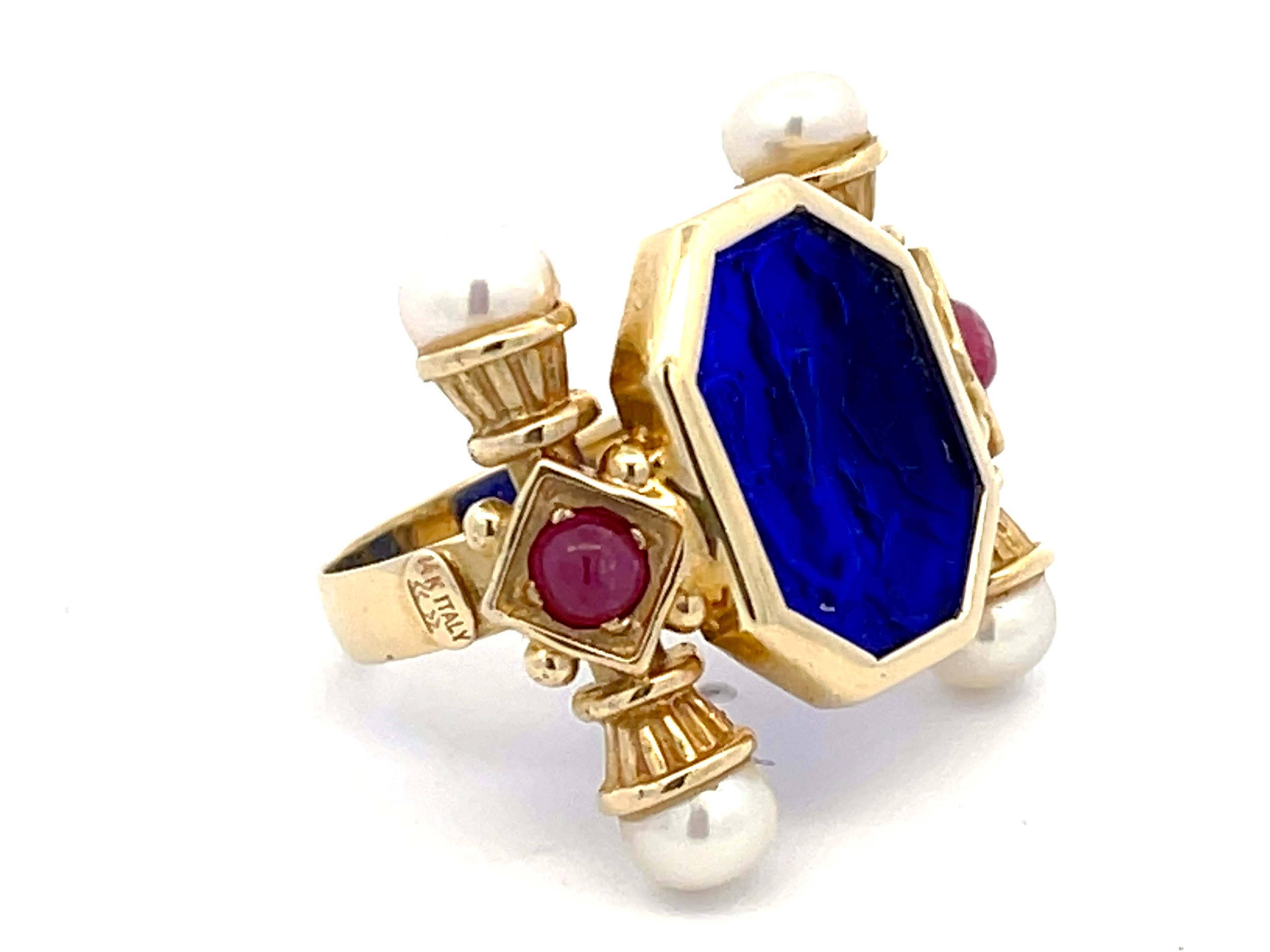 Retro Large Vintage Blue Glass Cameo Ruby and Pearl Ring in 14k Yellow Gold For Sale