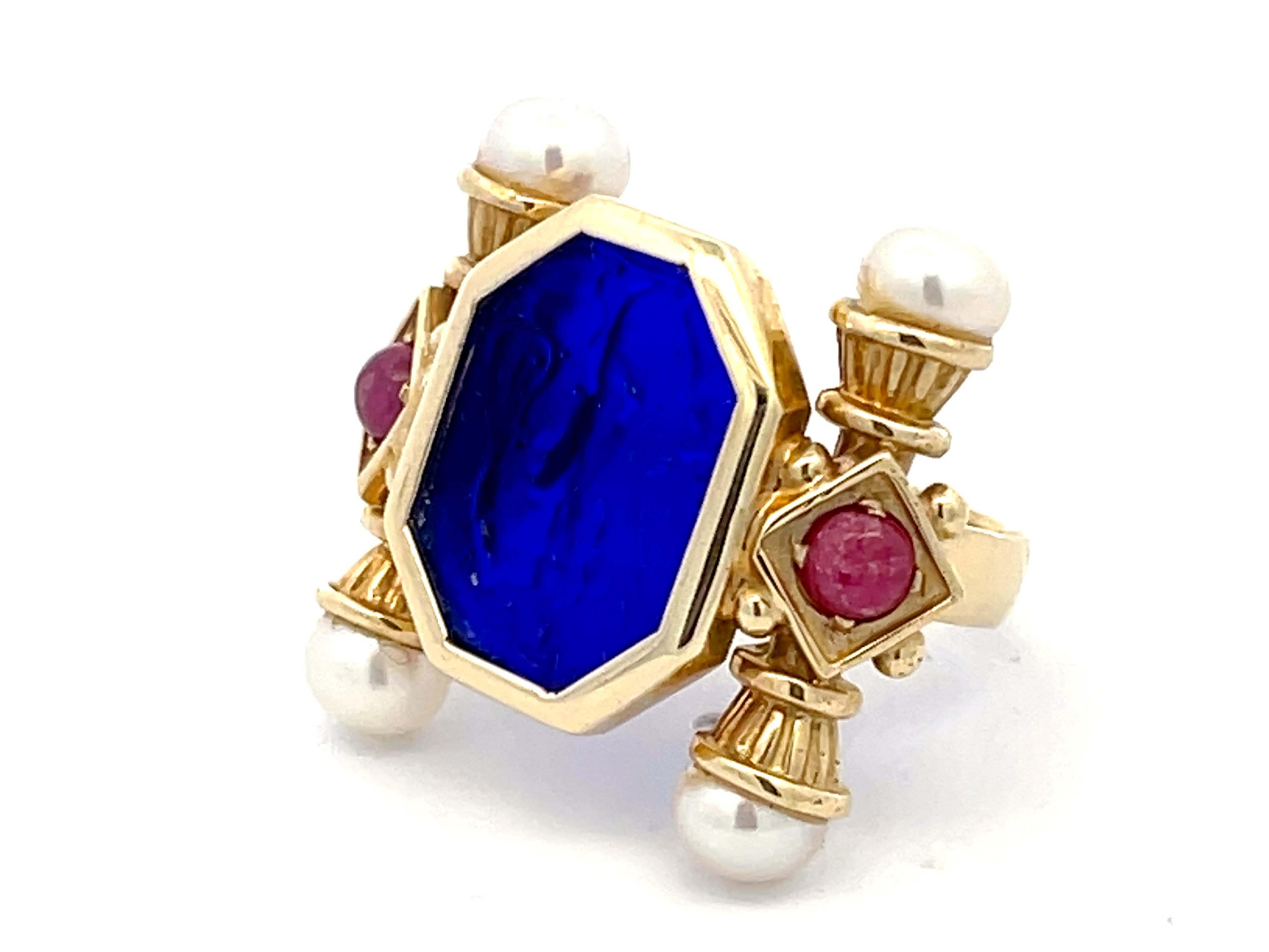 Cabochon Large Vintage Blue Glass Cameo Ruby and Pearl Ring in 14k Yellow Gold For Sale
