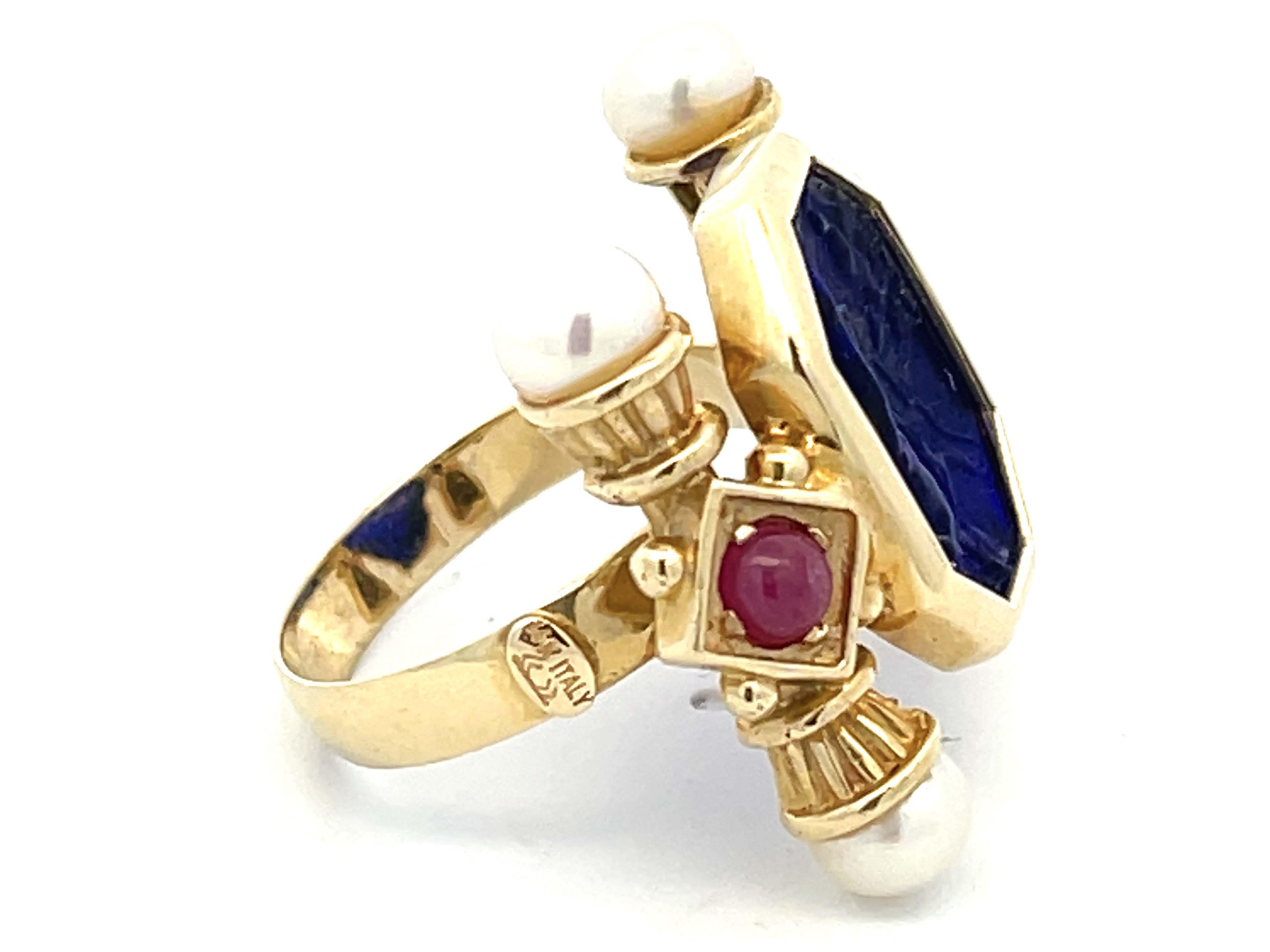 Large Vintage Blue Glass Cameo Ruby and Pearl Ring in 14k Yellow Gold In Excellent Condition For Sale In Honolulu, HI