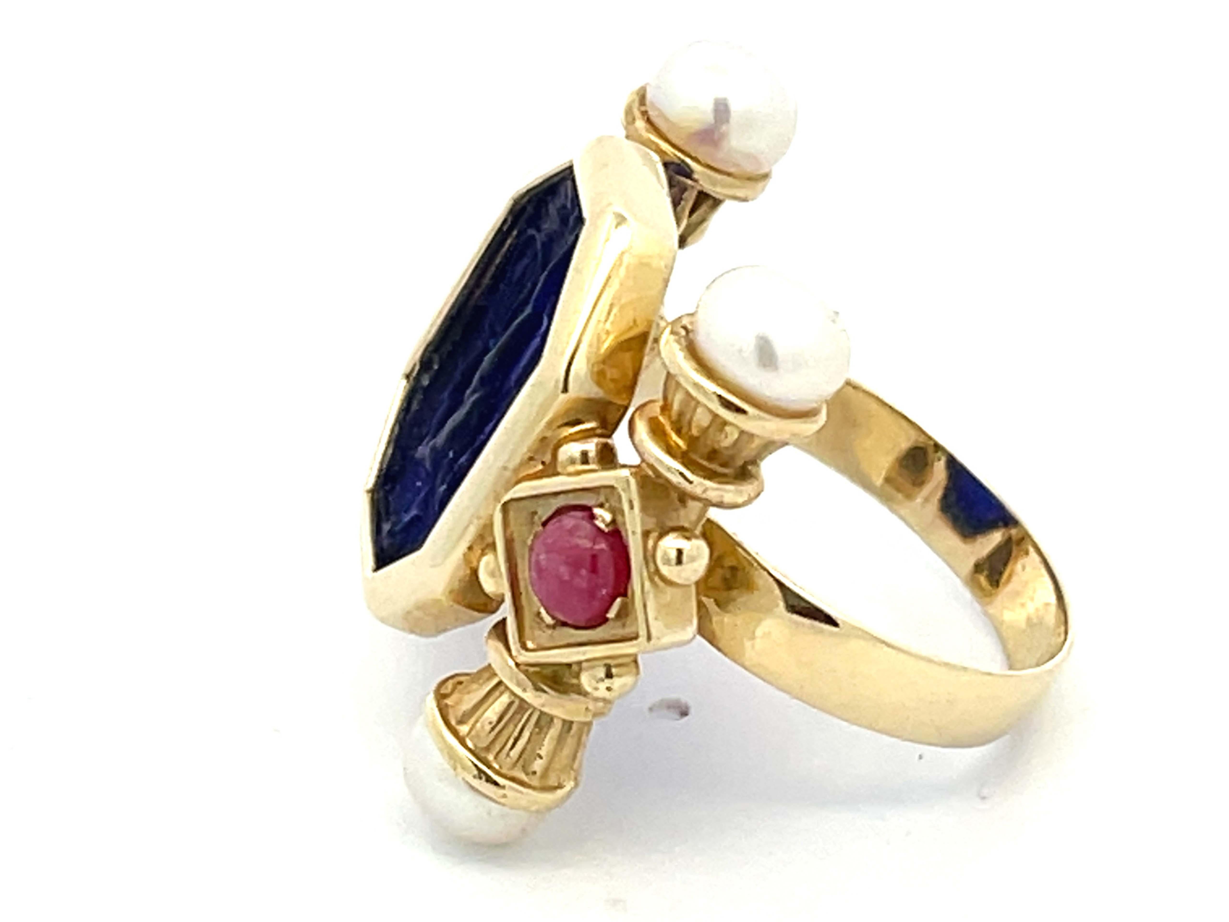 Women's or Men's Large Vintage Blue Glass Cameo Ruby and Pearl Ring in 14k Yellow Gold For Sale