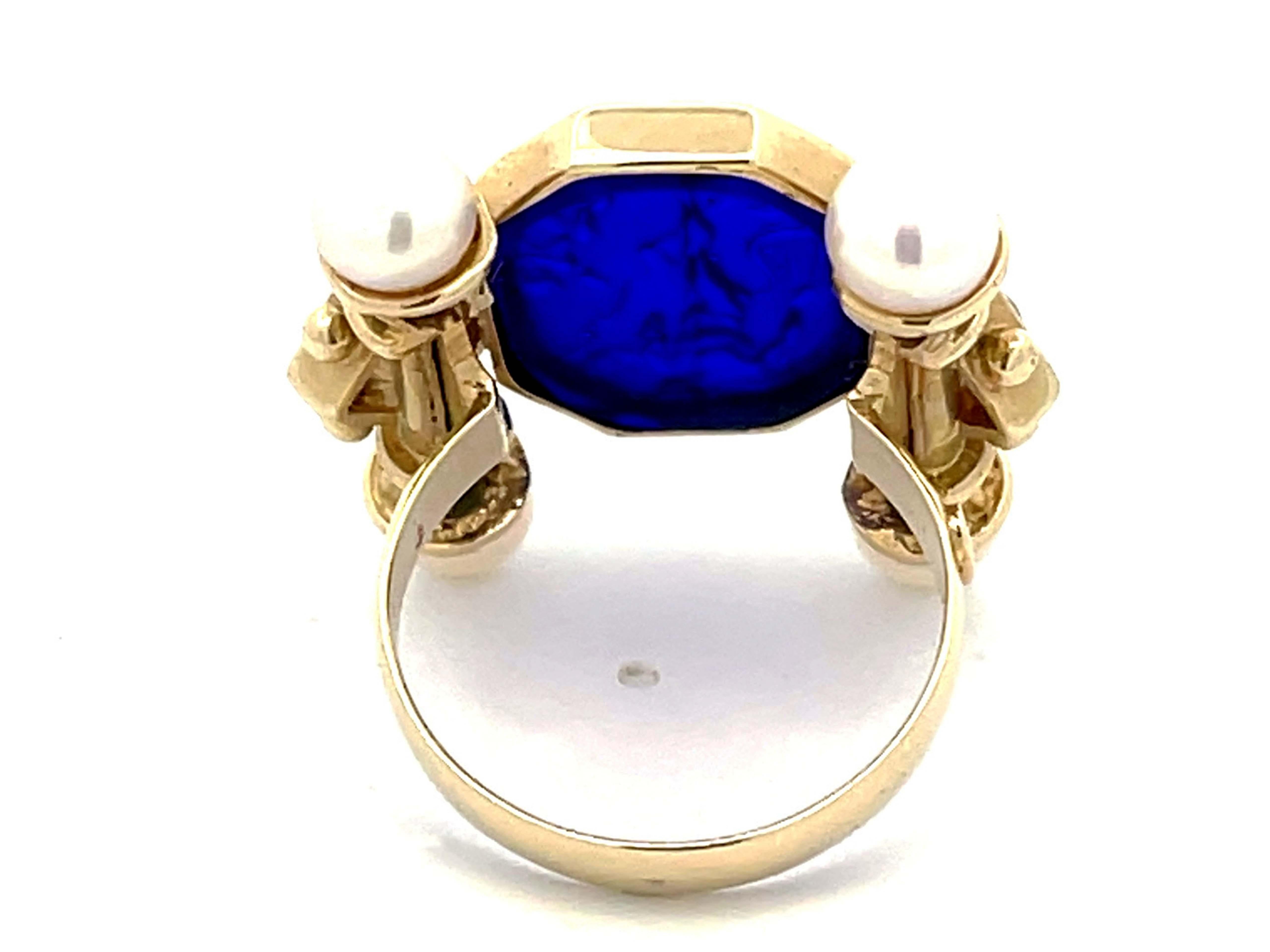 Large Vintage Blue Glass Cameo Ruby and Pearl Ring in 14k Yellow Gold For Sale 1