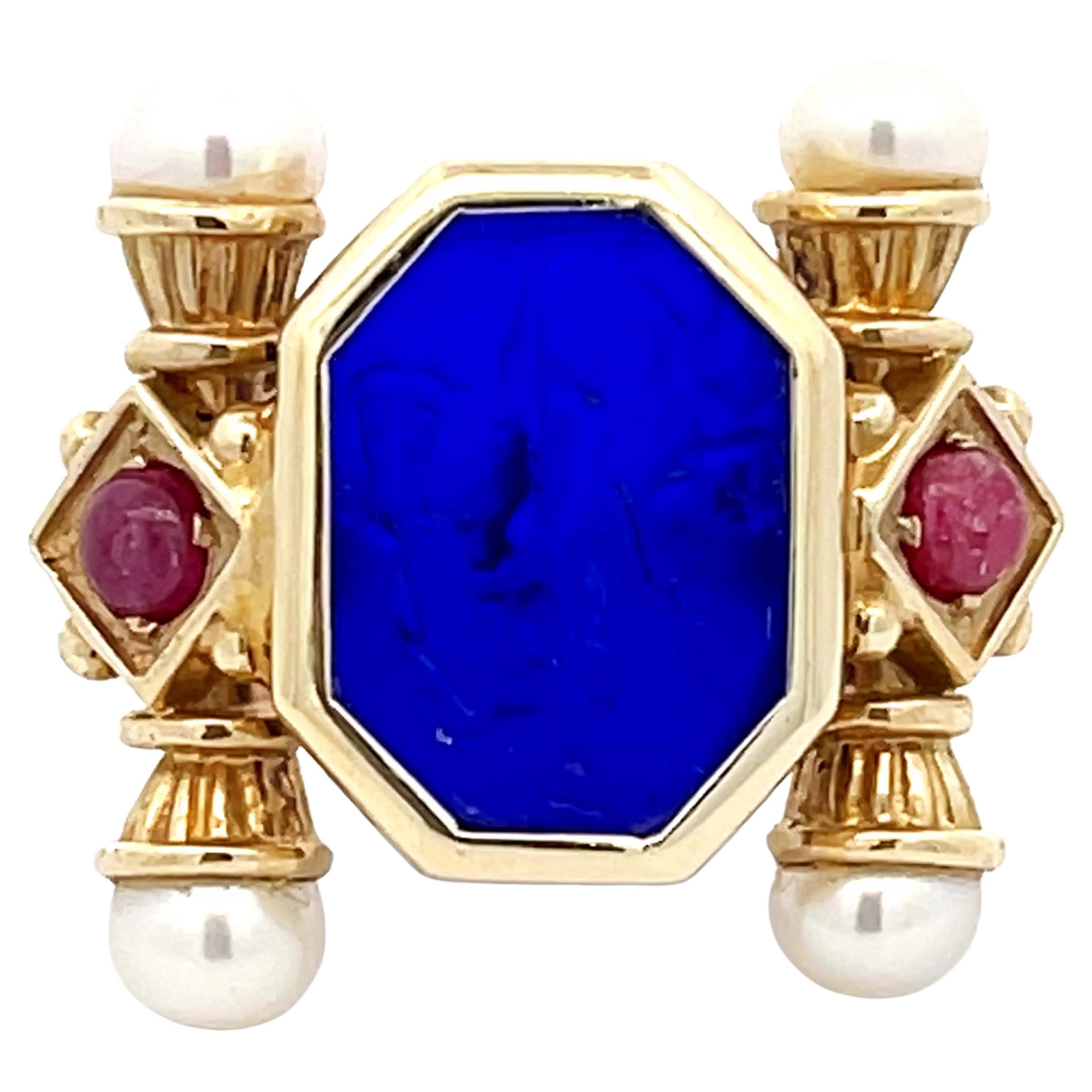 Large Vintage Blue Glass Cameo Ruby and Pearl Ring in 14k Yellow Gold For Sale