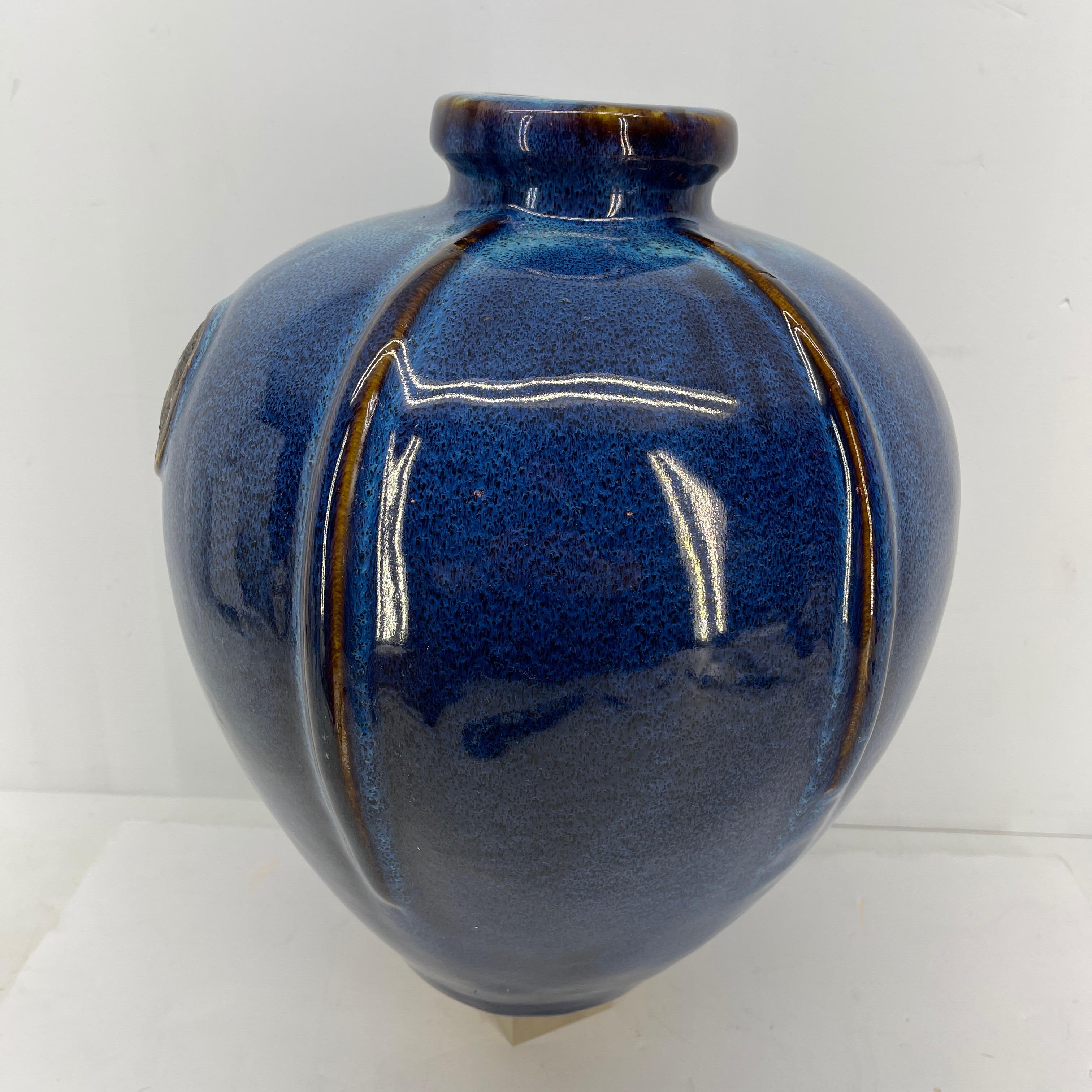 Large Vintage Blue Glazed Ceramic Vase 2