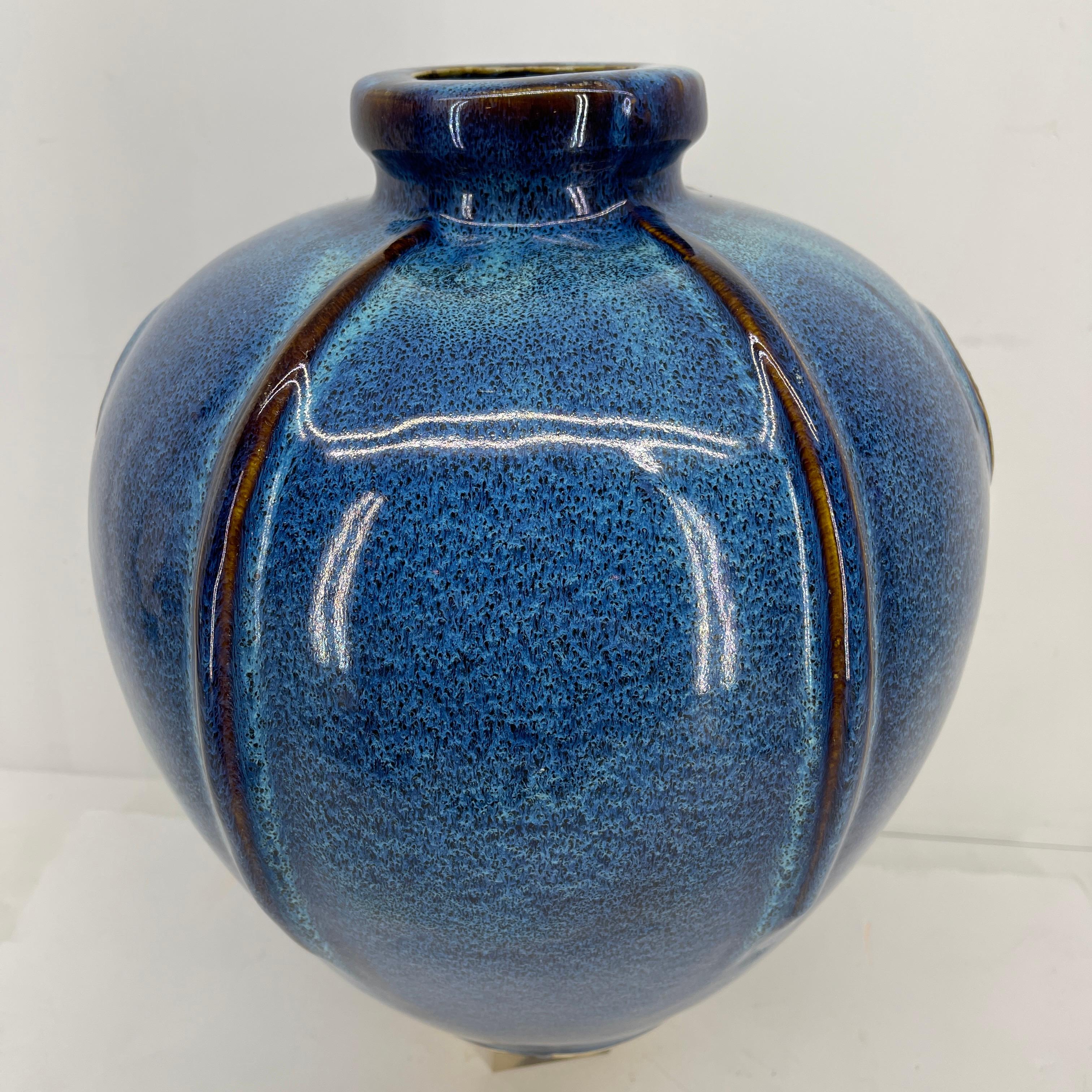 Large Vintage Blue Glazed Ceramic Vase 6