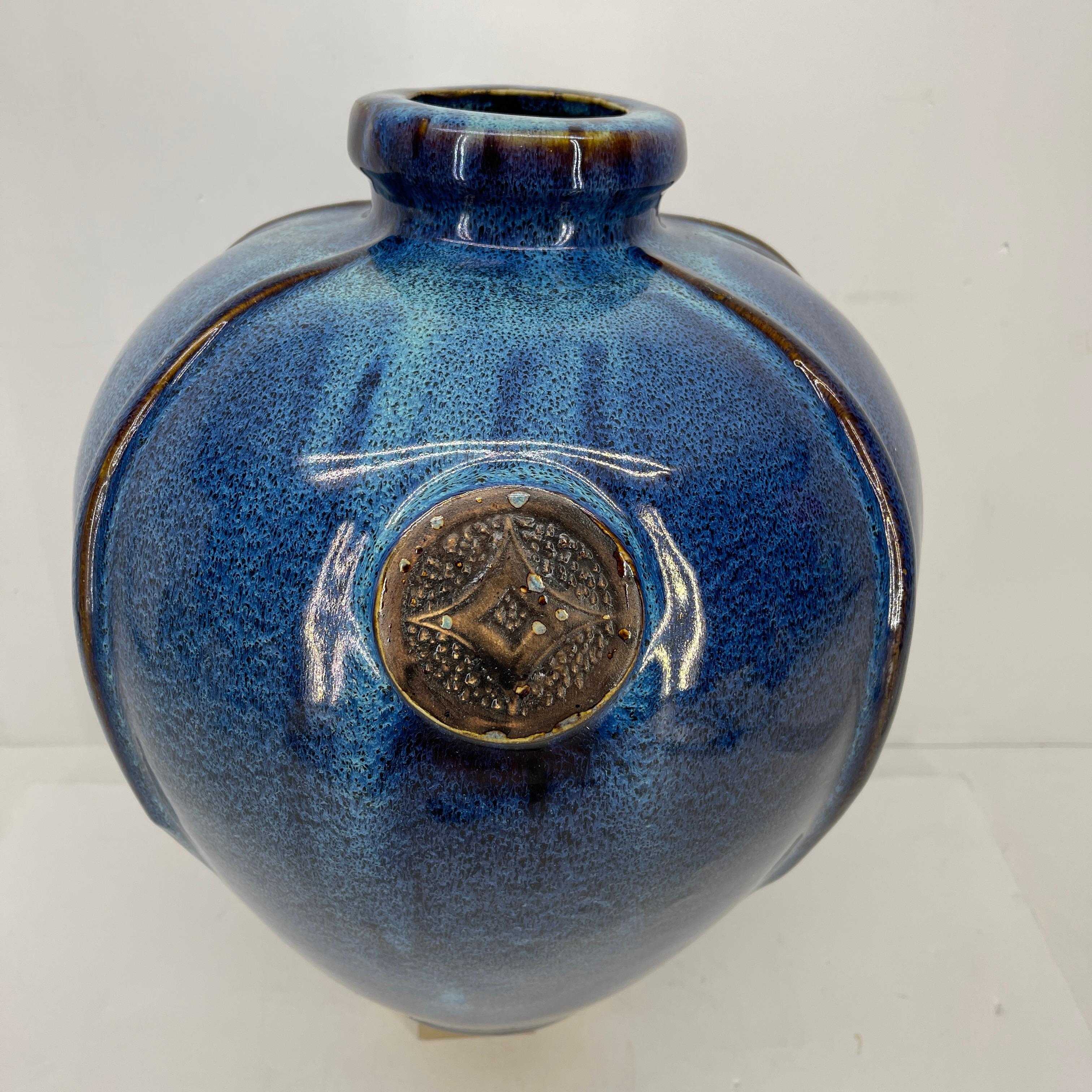 Mid-Century Modern Large Vintage Blue Glazed Ceramic Vase