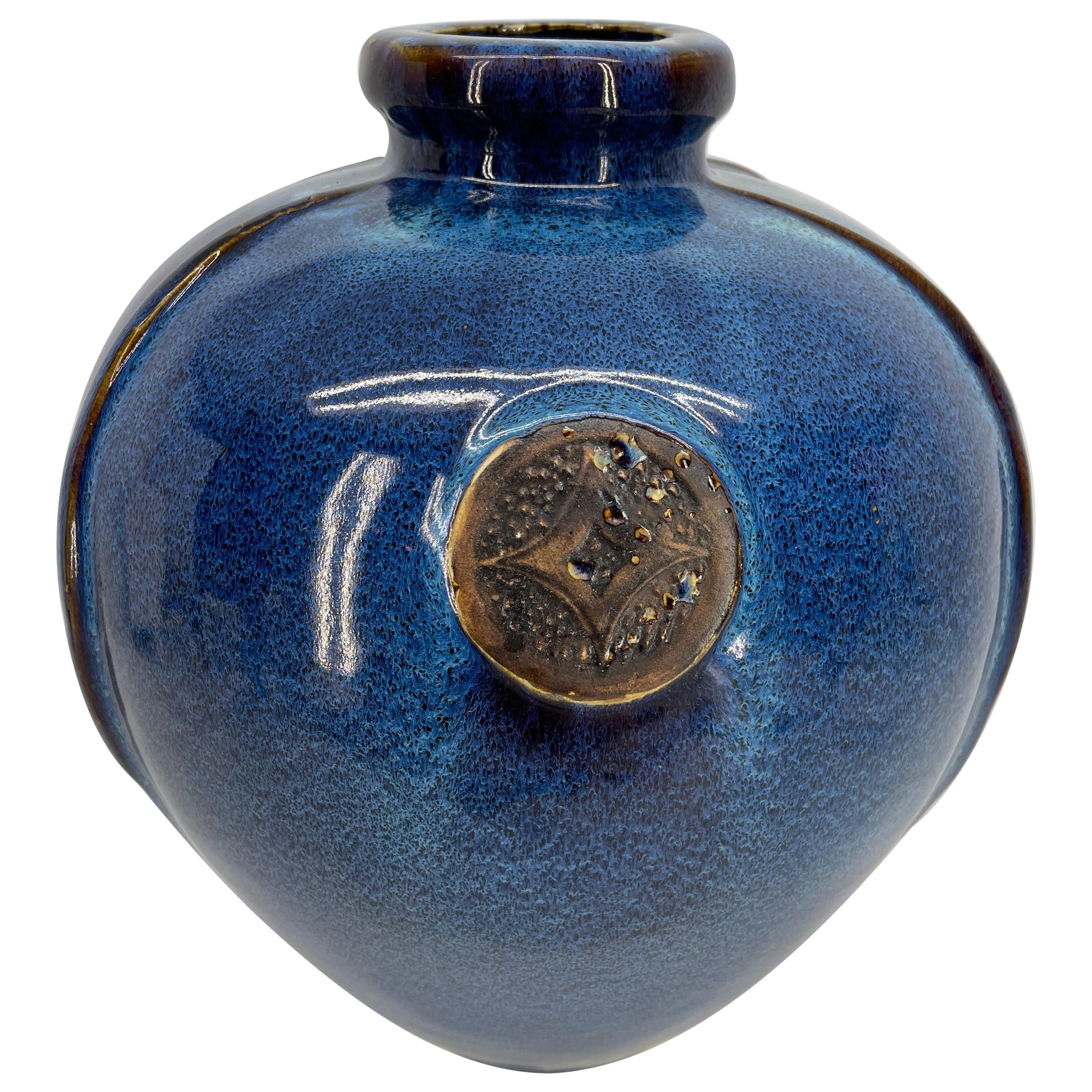Large Vintage Blue Glazed Ceramic Vase