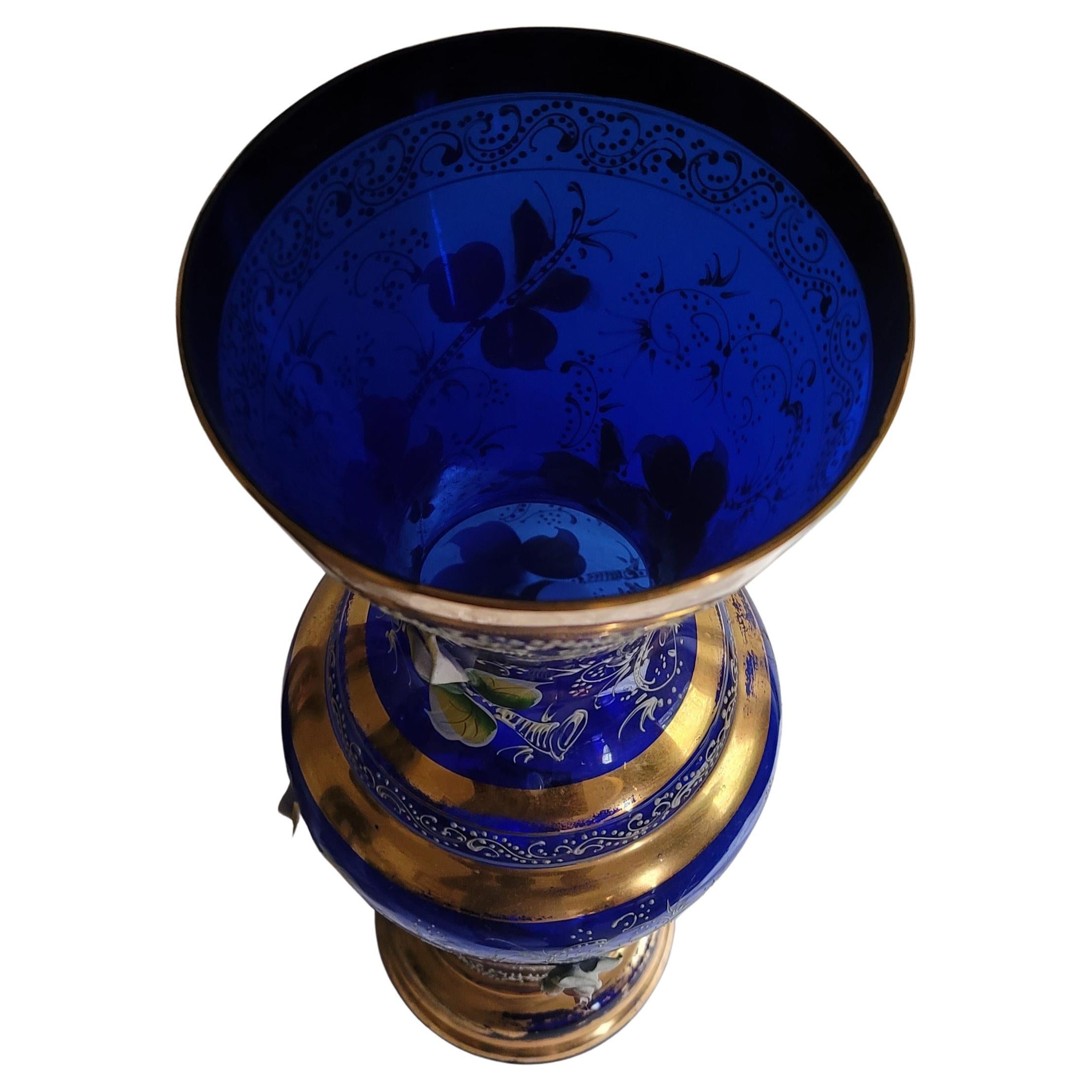 Large Vintage Bohemian Cobalt Blue Gilt Enameled Art Hand Painted Glass Vase For Sale 2