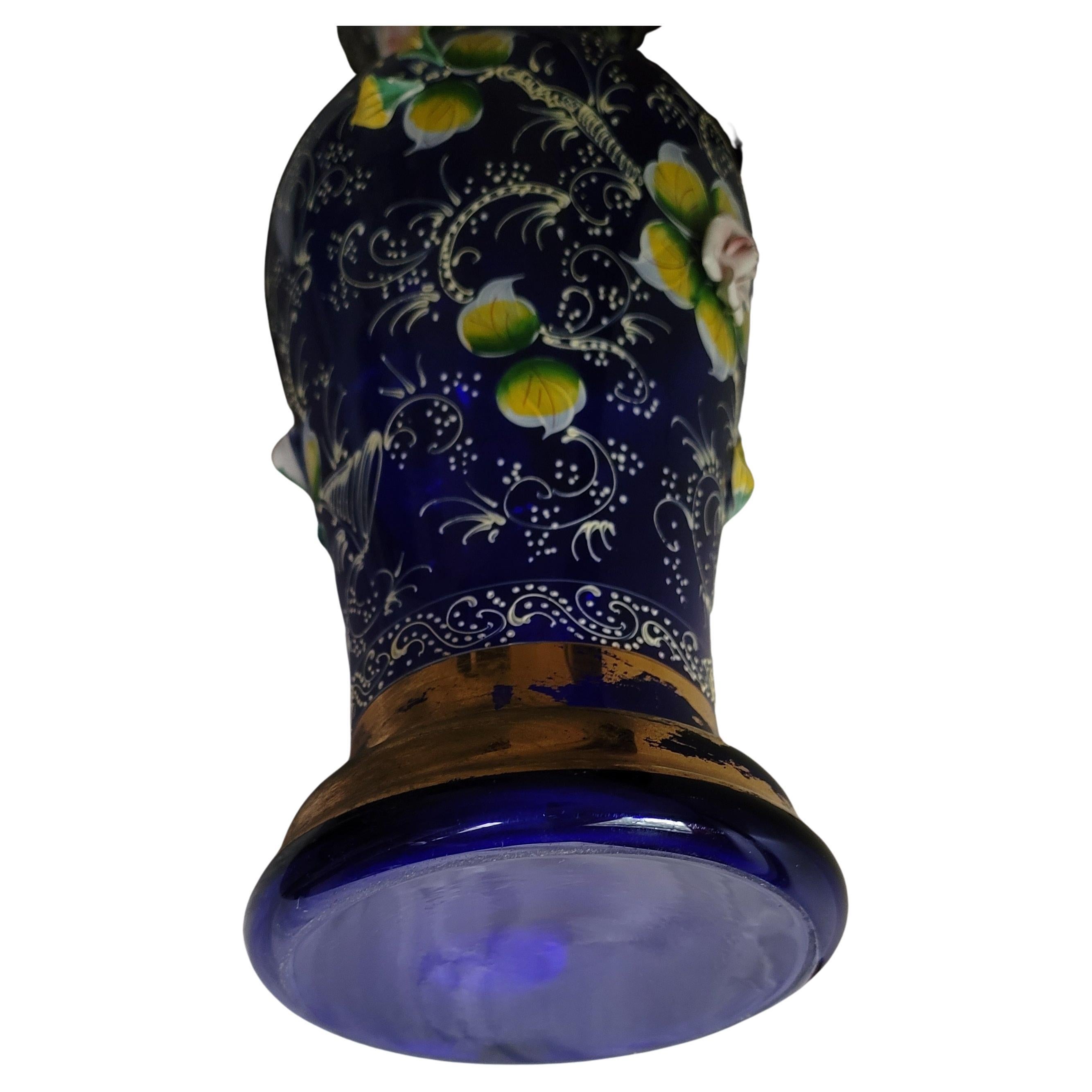 Large Vintage Bohemian Cobalt Blue Gilt Enameled Art Hand Painted Glass Vase For Sale 3