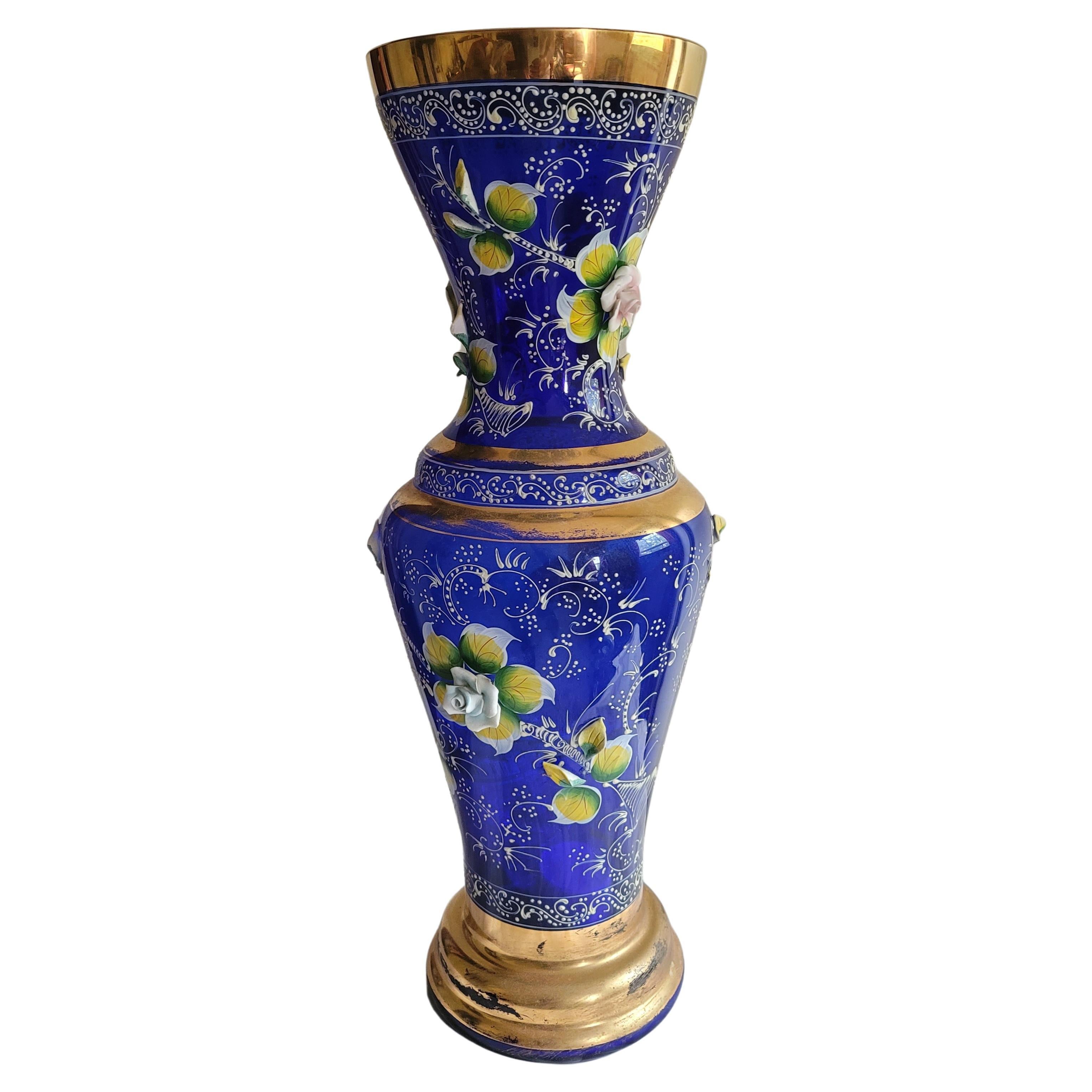 Large Vintage Bohemian Cobalt Blue Gilt Enameled Art Hand Painted Glass Vase For Sale 4