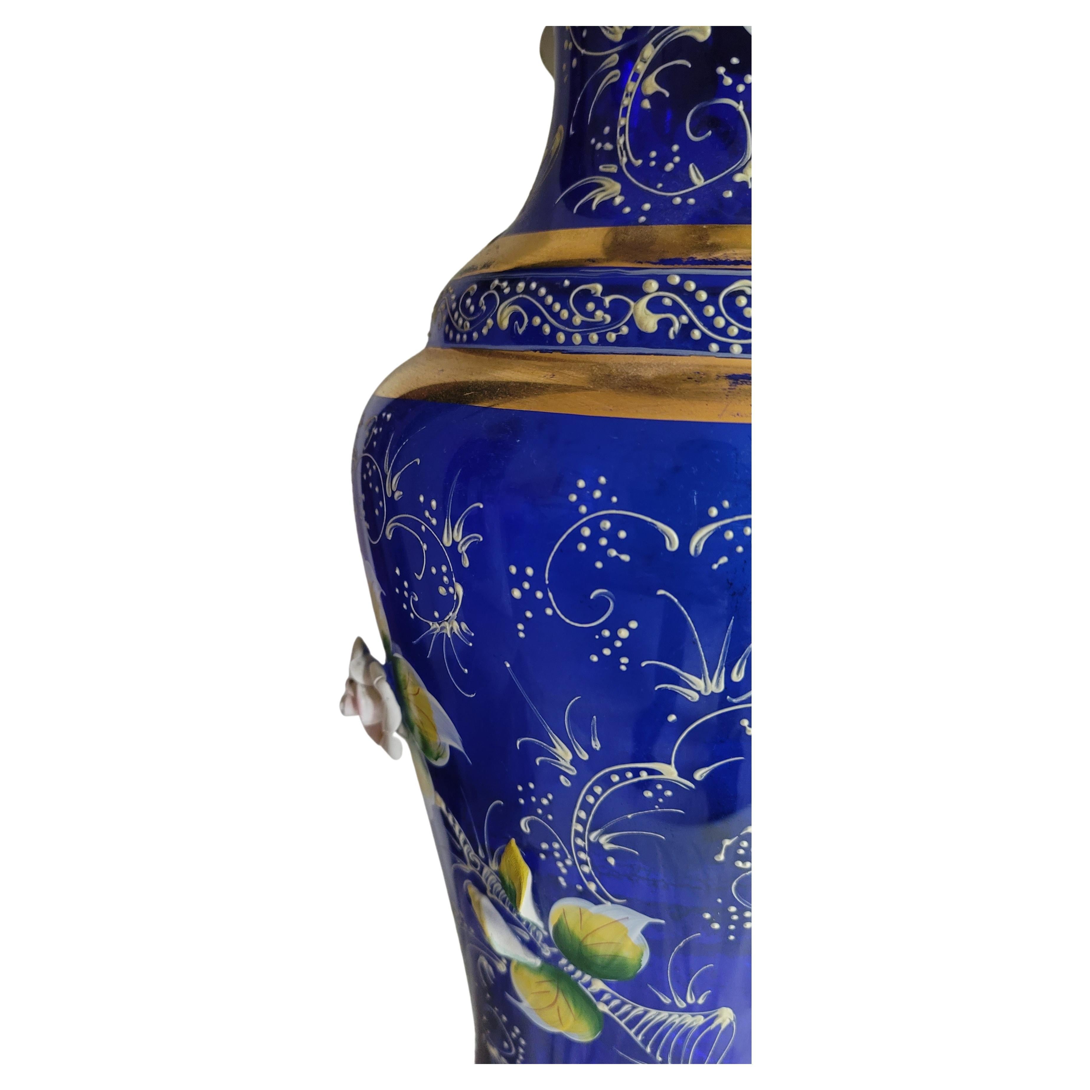 Czech Large Vintage Bohemian Cobalt Blue Gilt Enameled Art Hand Painted Glass Vase For Sale