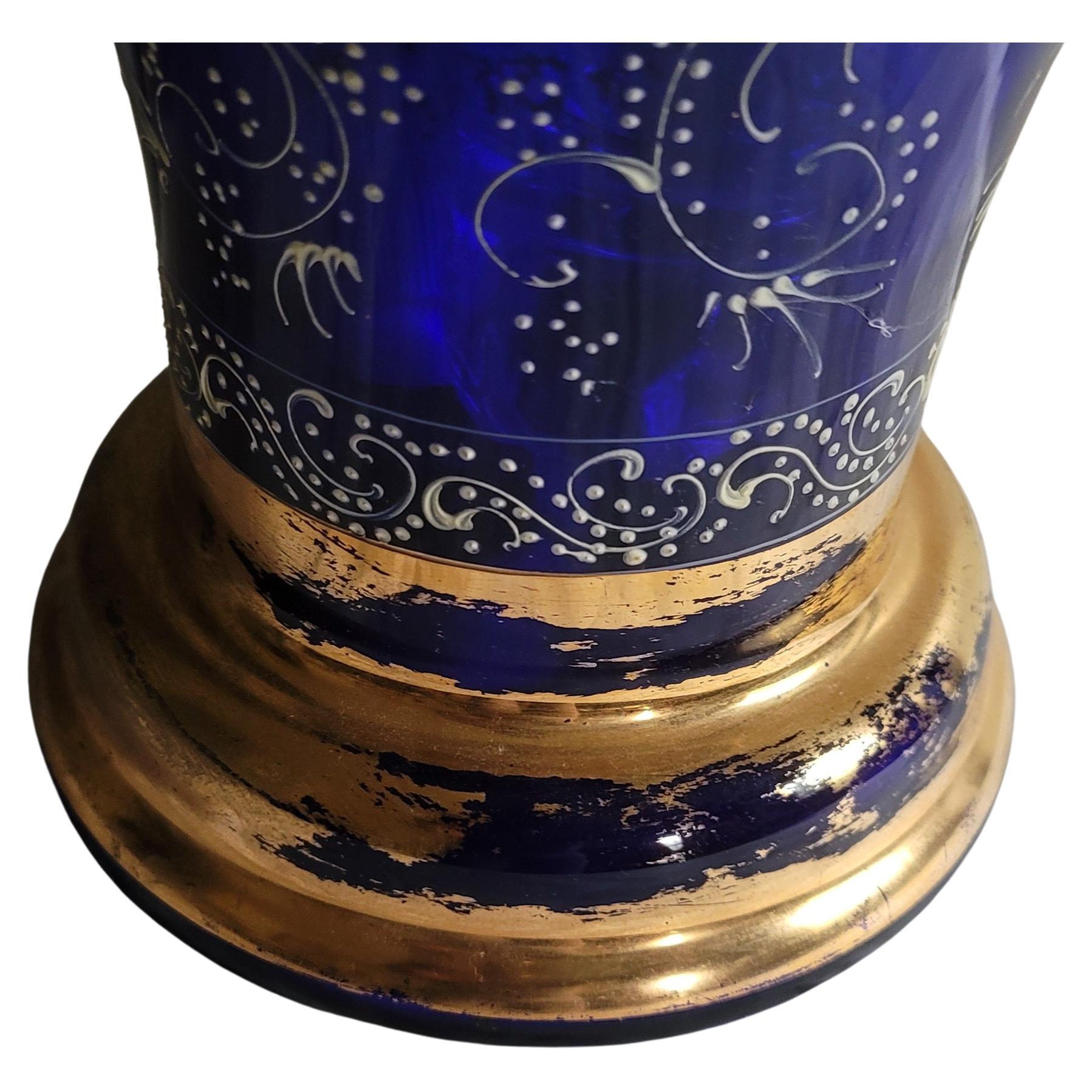 20th Century Large Vintage Bohemian Cobalt Blue Gilt Enameled Art Hand Painted Glass Vase For Sale