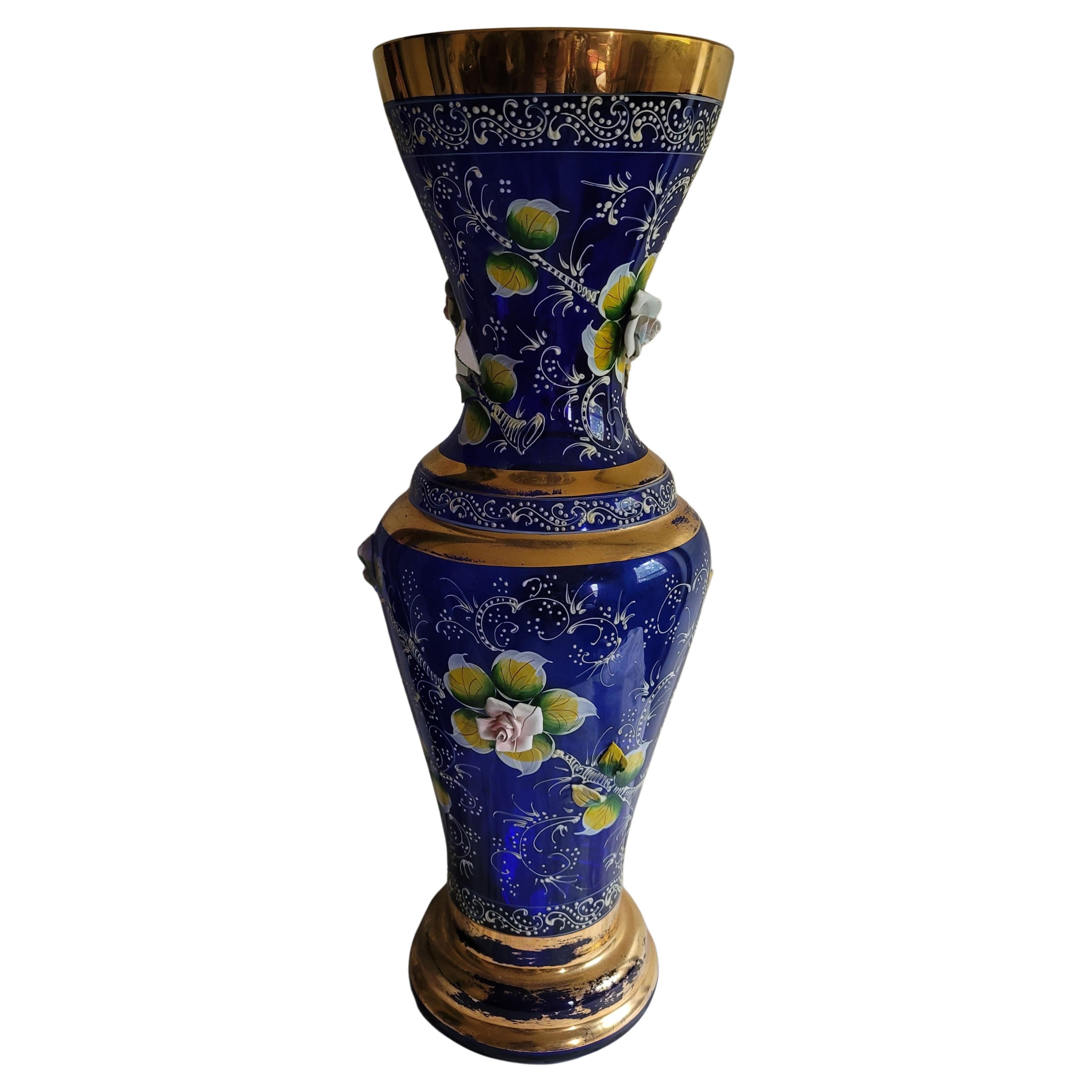Large Vintage Bohemian Cobalt Blue Gilt Enameled Art Hand Painted Glass Vase For Sale 1