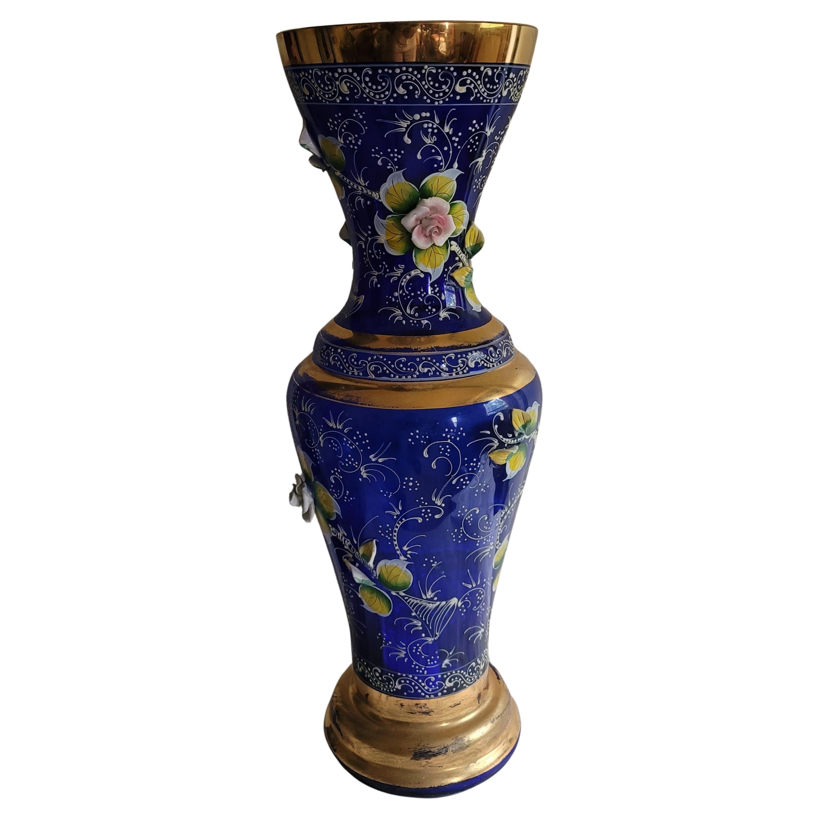 Large Vintage Bohemian Cobalt Blue Gilt Enameled Art Hand Painted Glass Vase For Sale