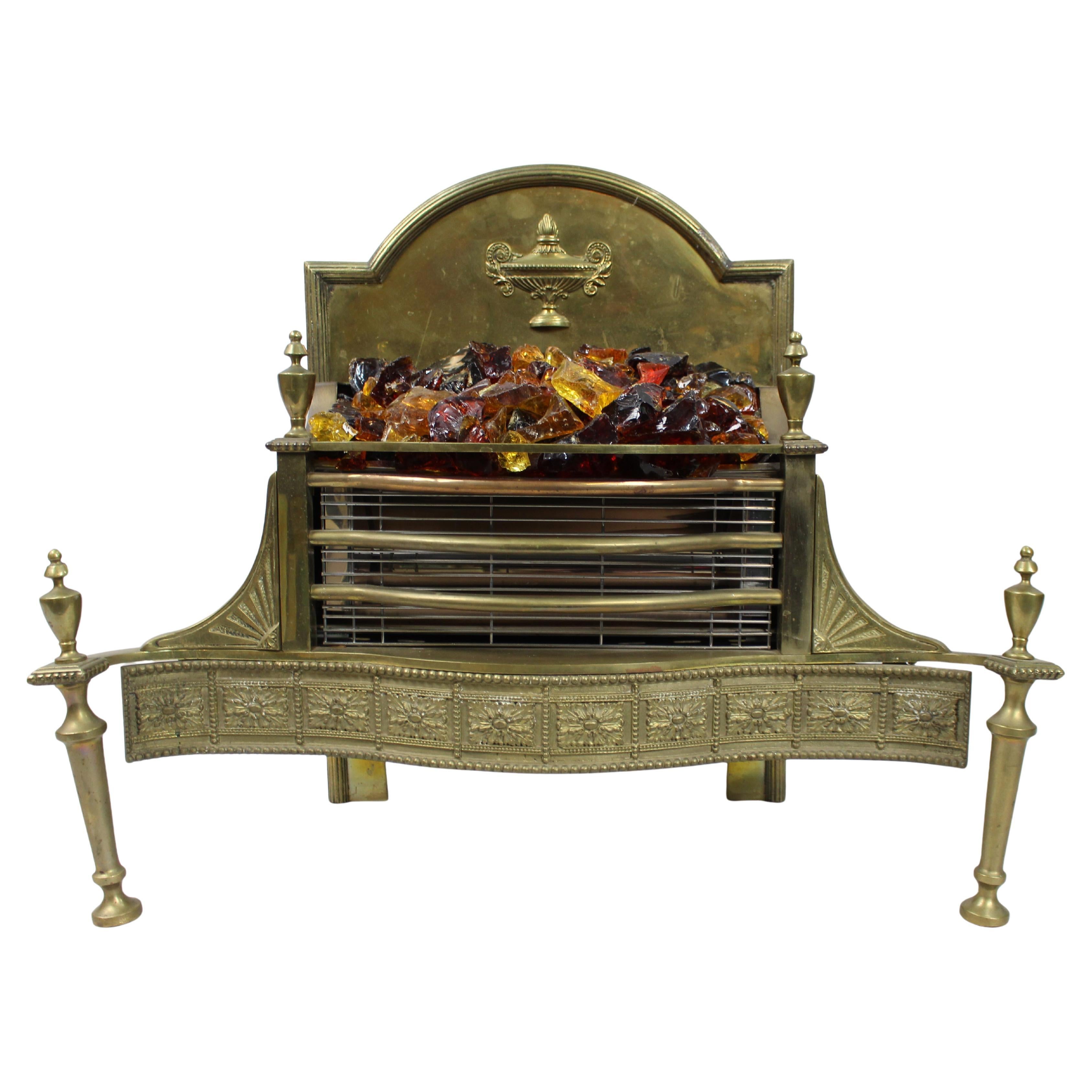 Grande grille de cheminée électrique en laiton vintage de style Adams avec charbons en verre en vente