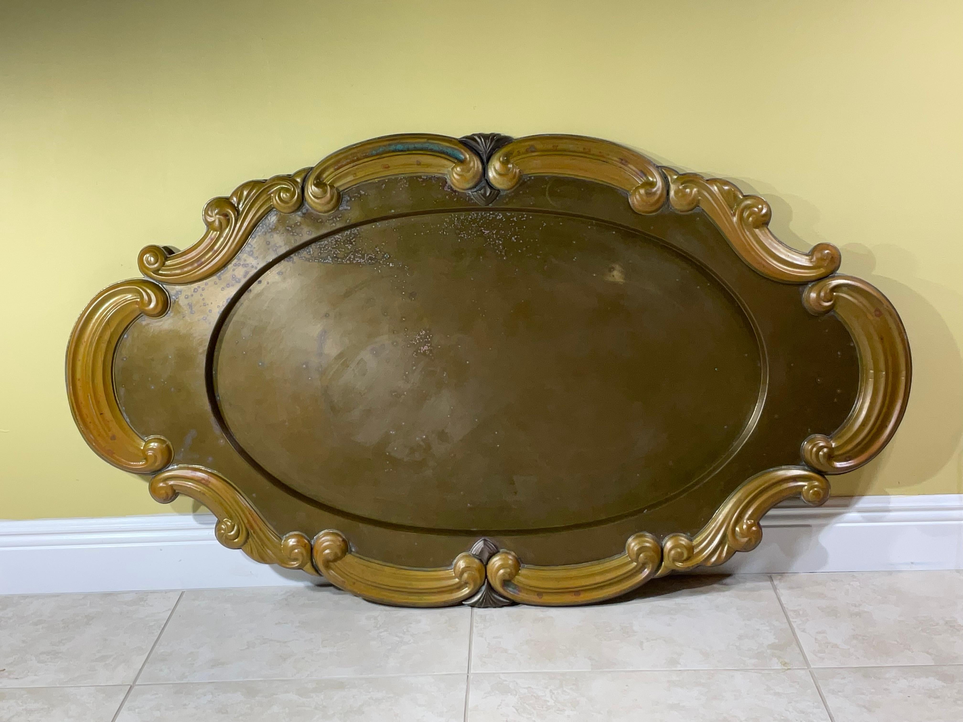 Large vintage Brass And Copper Oval Decorative  Tray 51”.25 x 31” For Sale 4