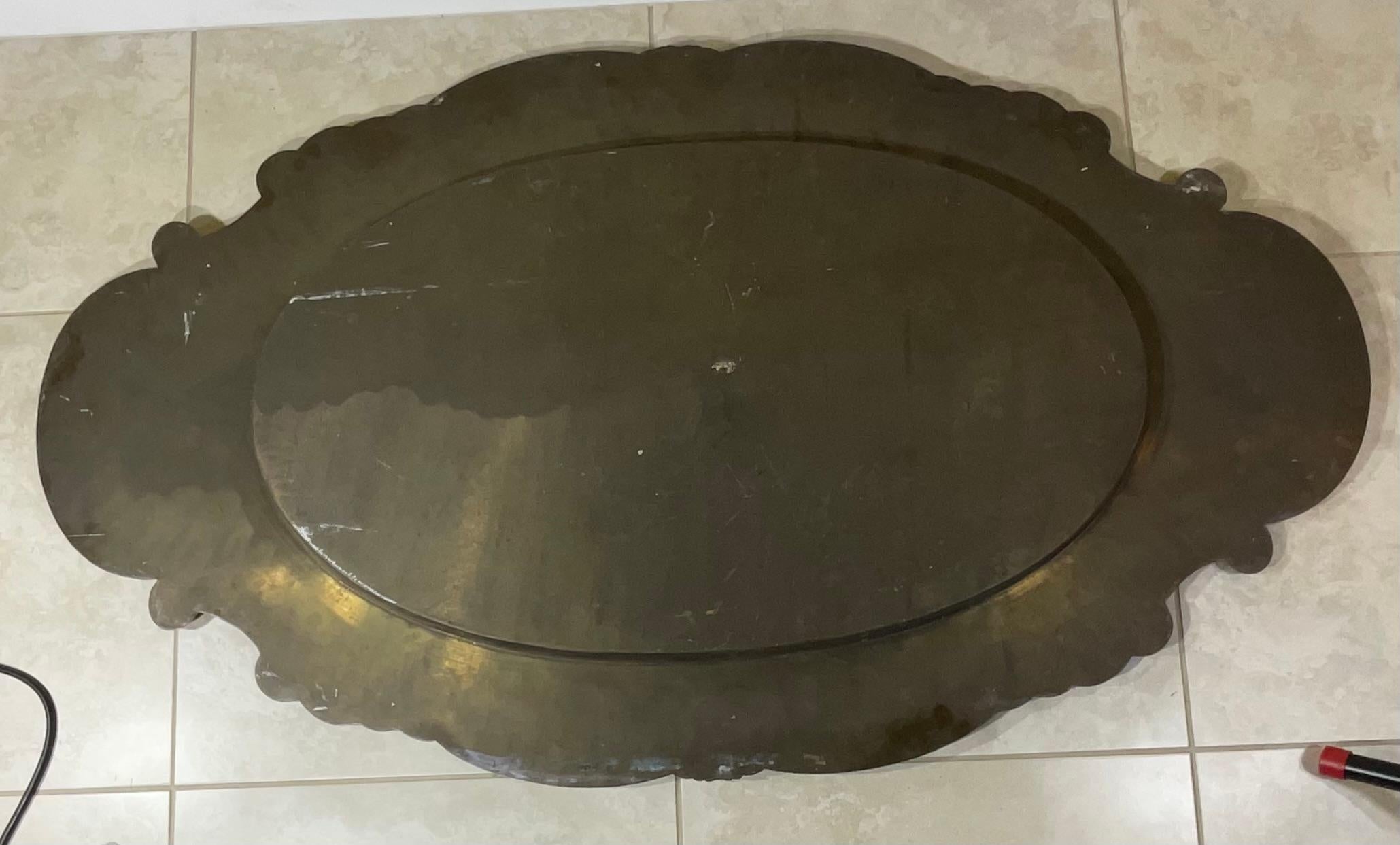 Large vintage Brass And Copper Oval Decorative  Tray 51”.25 x 31” For Sale 7