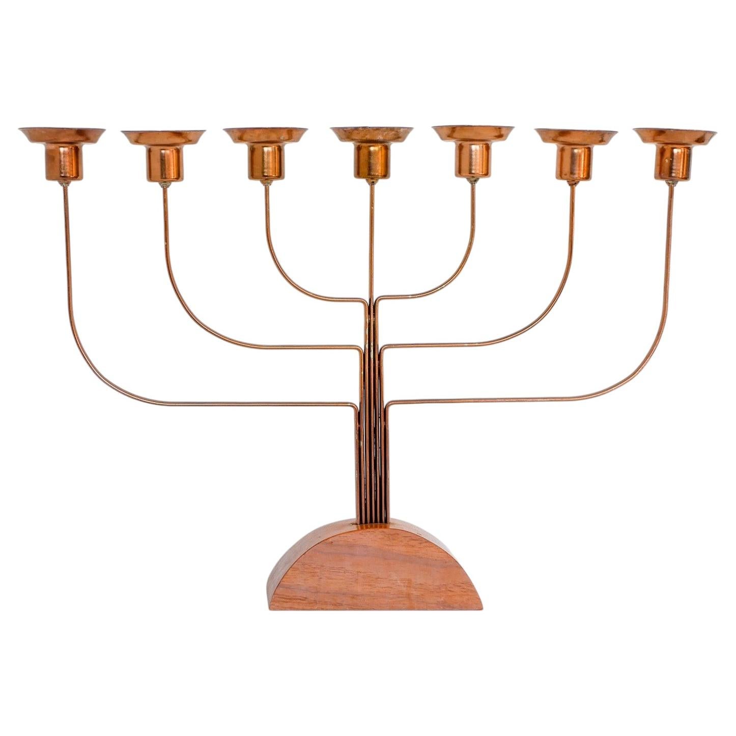 Large Vintage Brass and Elm Candelabra, Swedish Grace Style, 1940s