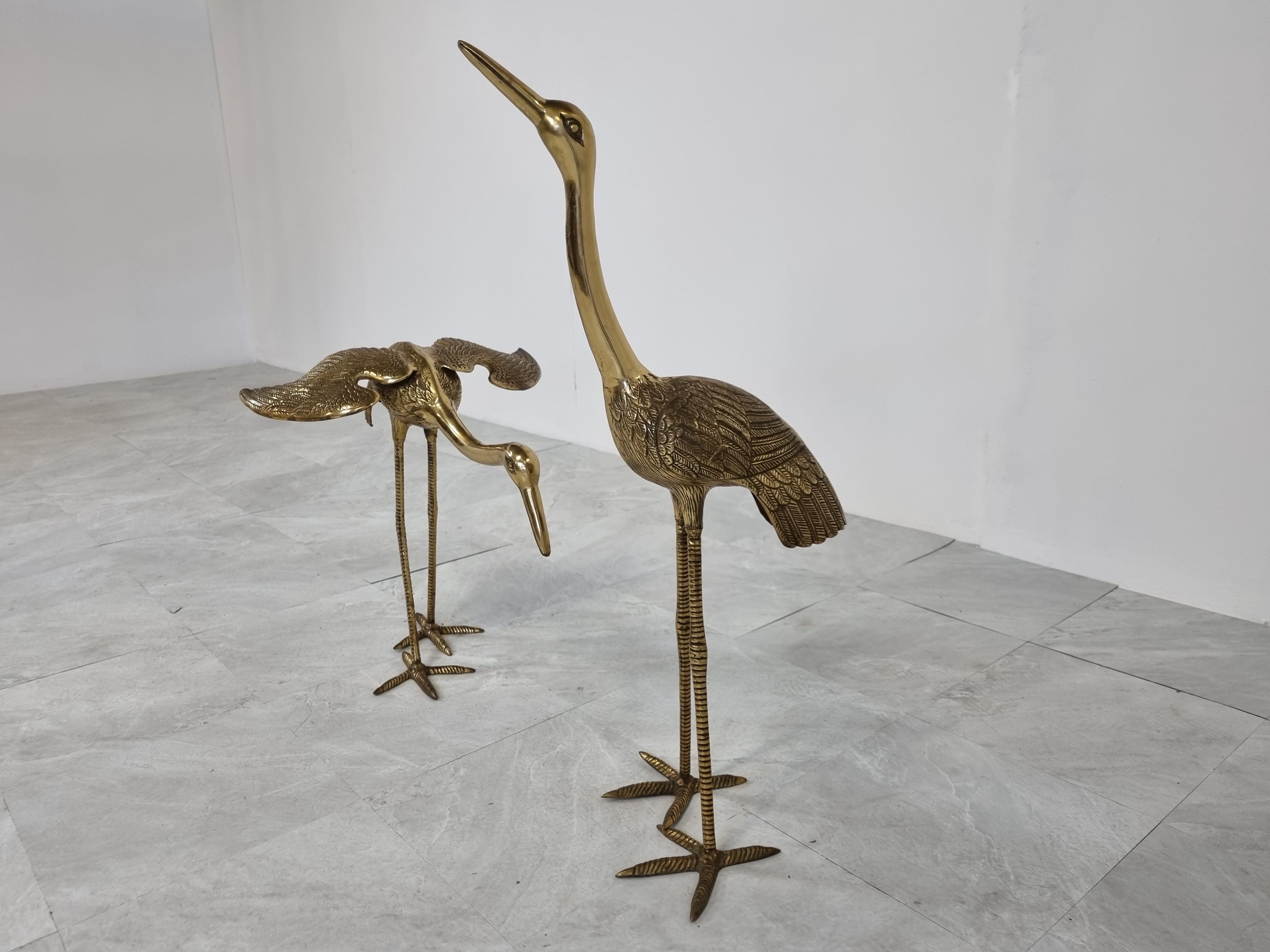 French Large Vintage Brass Crane Birds, Set of Two, 1970s