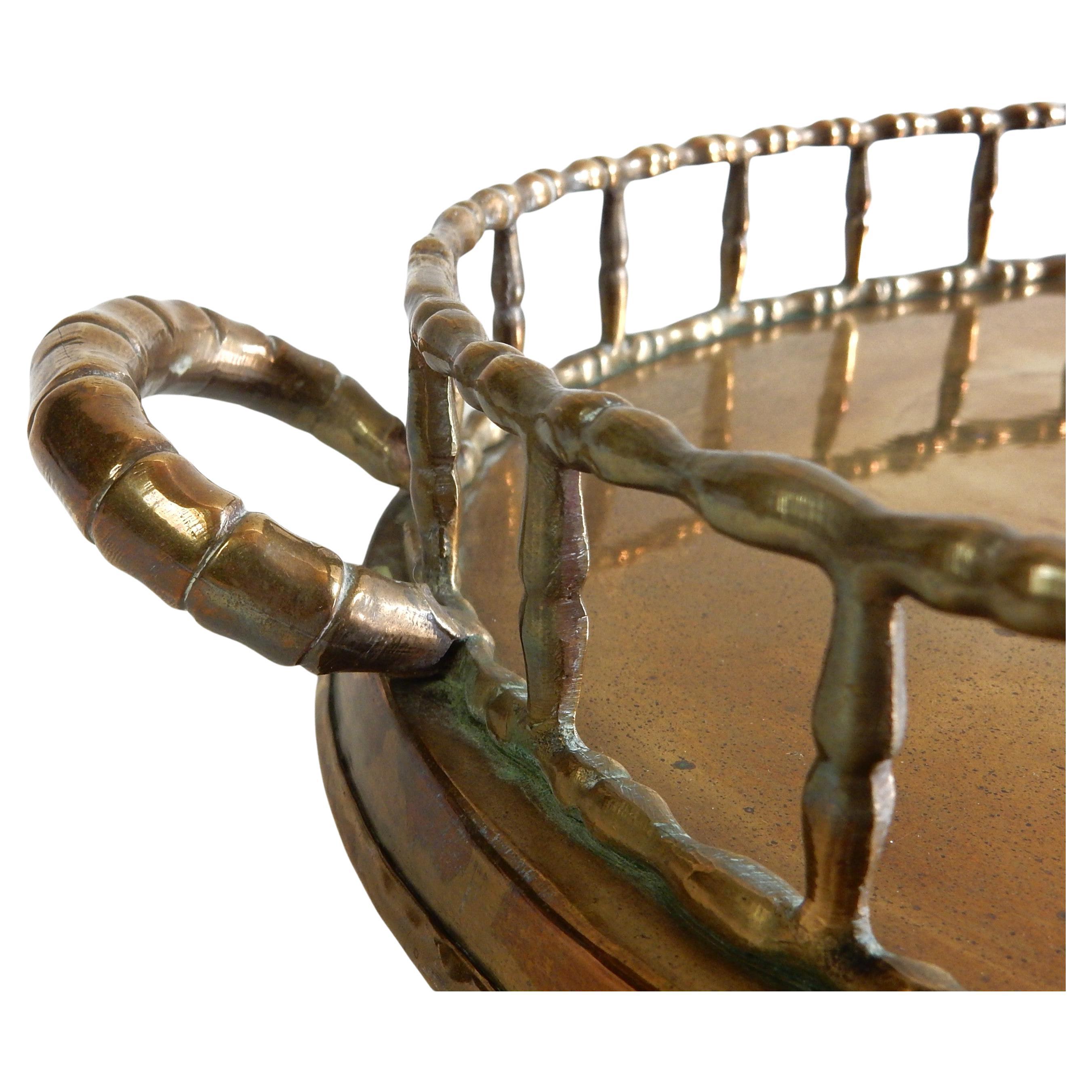 Hollywood Regency Large Vintage Brass Faux Bamboo Bar Serving Tray For Sale