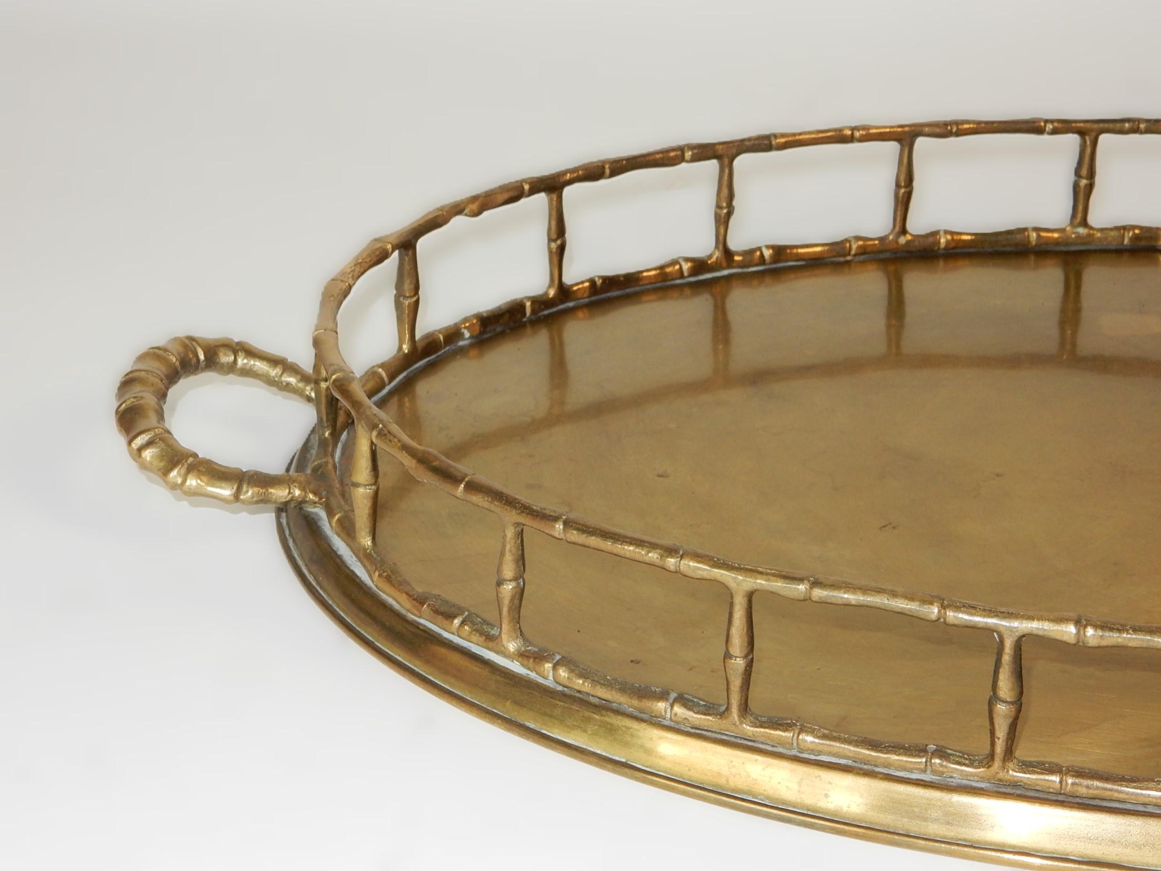 Hollywood Regency Large Vintage Brass Faux Bamboo Serving Tray For Sale