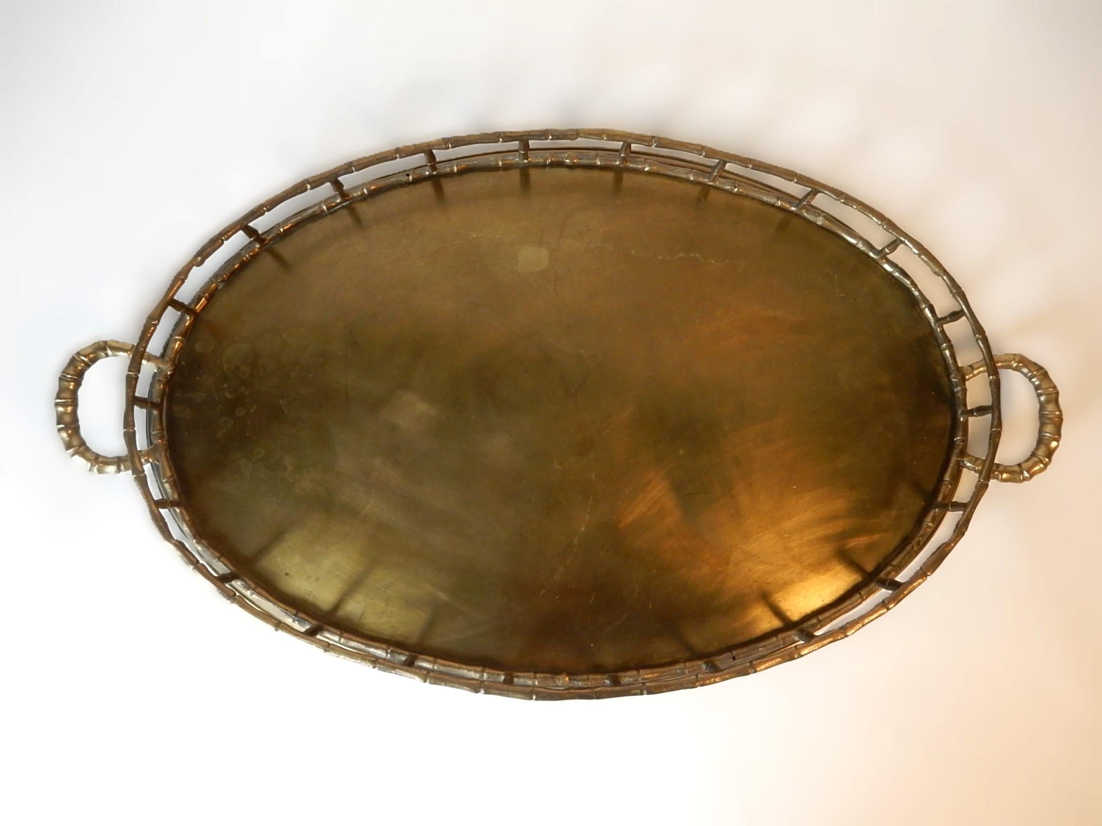 Large Vintage Brass Faux Bamboo Serving Tray In Good Condition For Sale In Las Vegas, NV