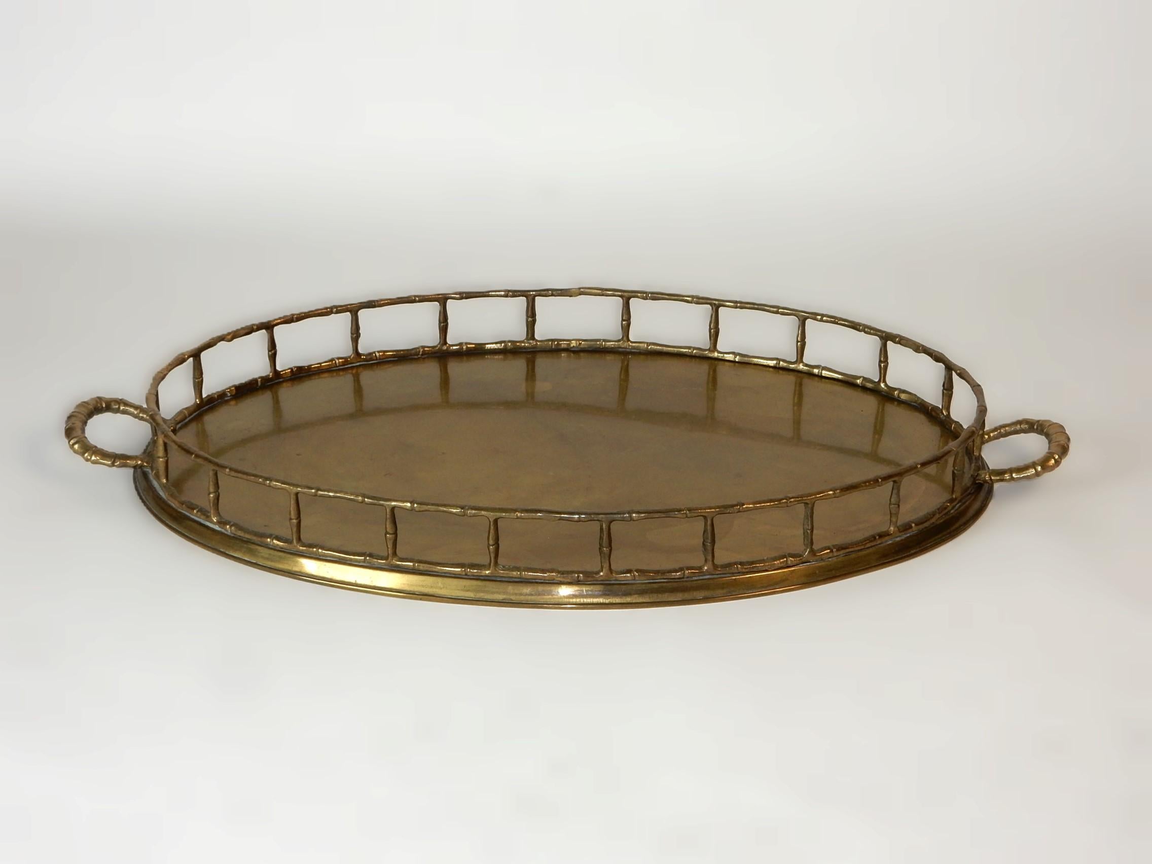 Late 20th Century Large Vintage Brass Faux Bamboo Serving Tray For Sale