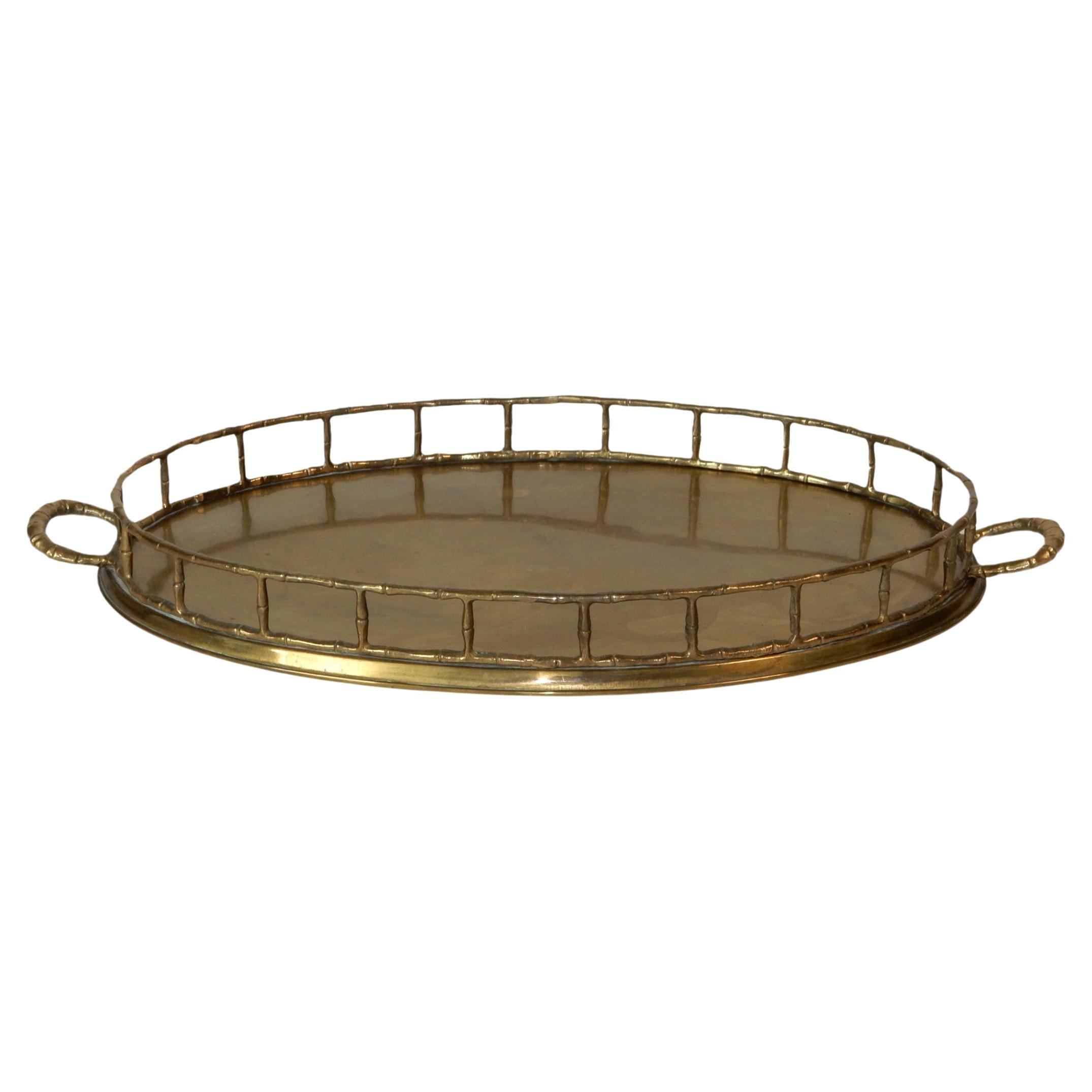 Large Vintage Brass Faux Bamboo Serving Tray For Sale