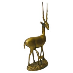 Large Vintage Brass Gazelle Sculpture with Baby, Mid-Century Modern, 1960s