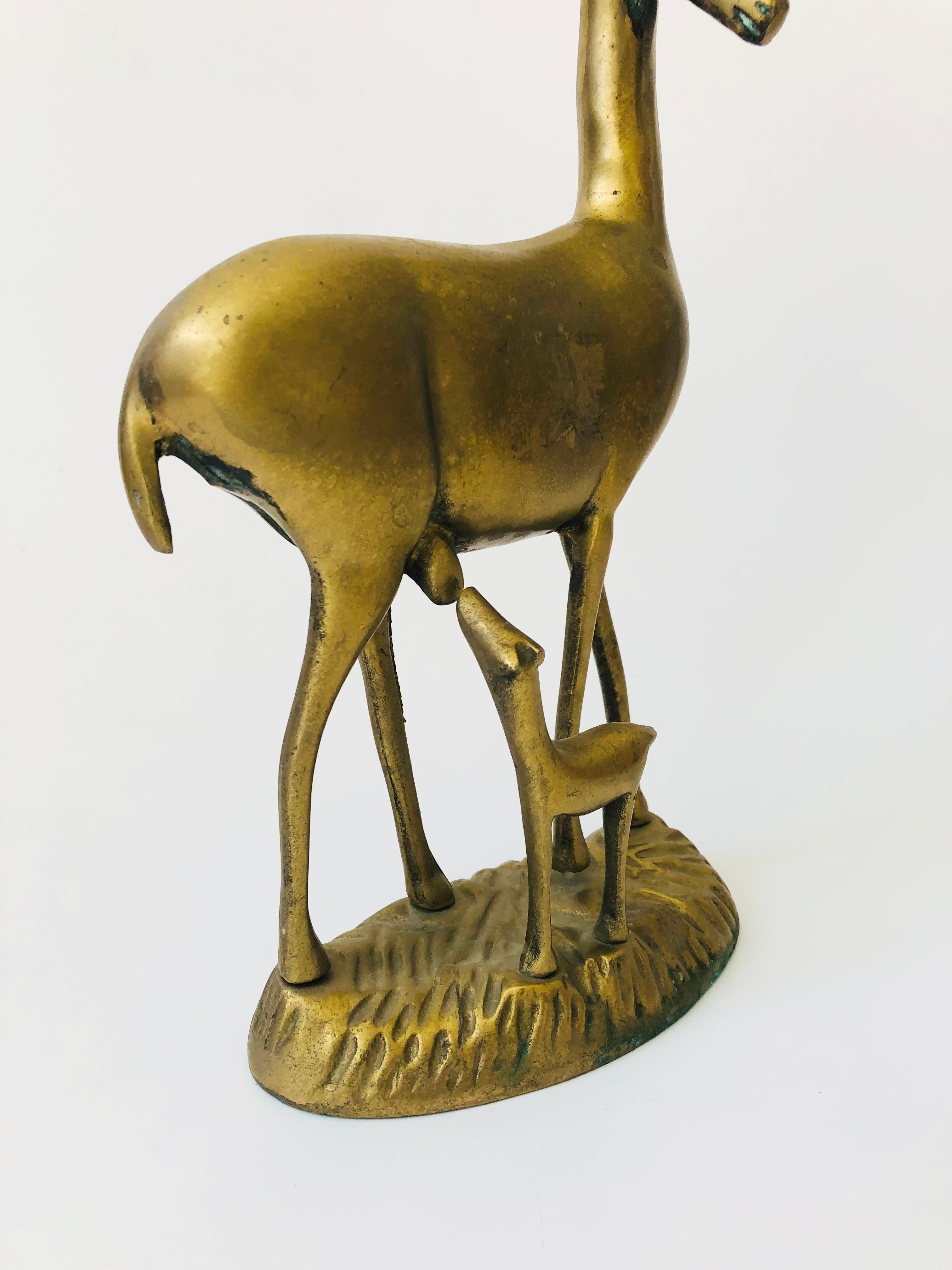 Large Vintage Brass Gazelle with Baby In Good Condition For Sale In Vallejo, CA
