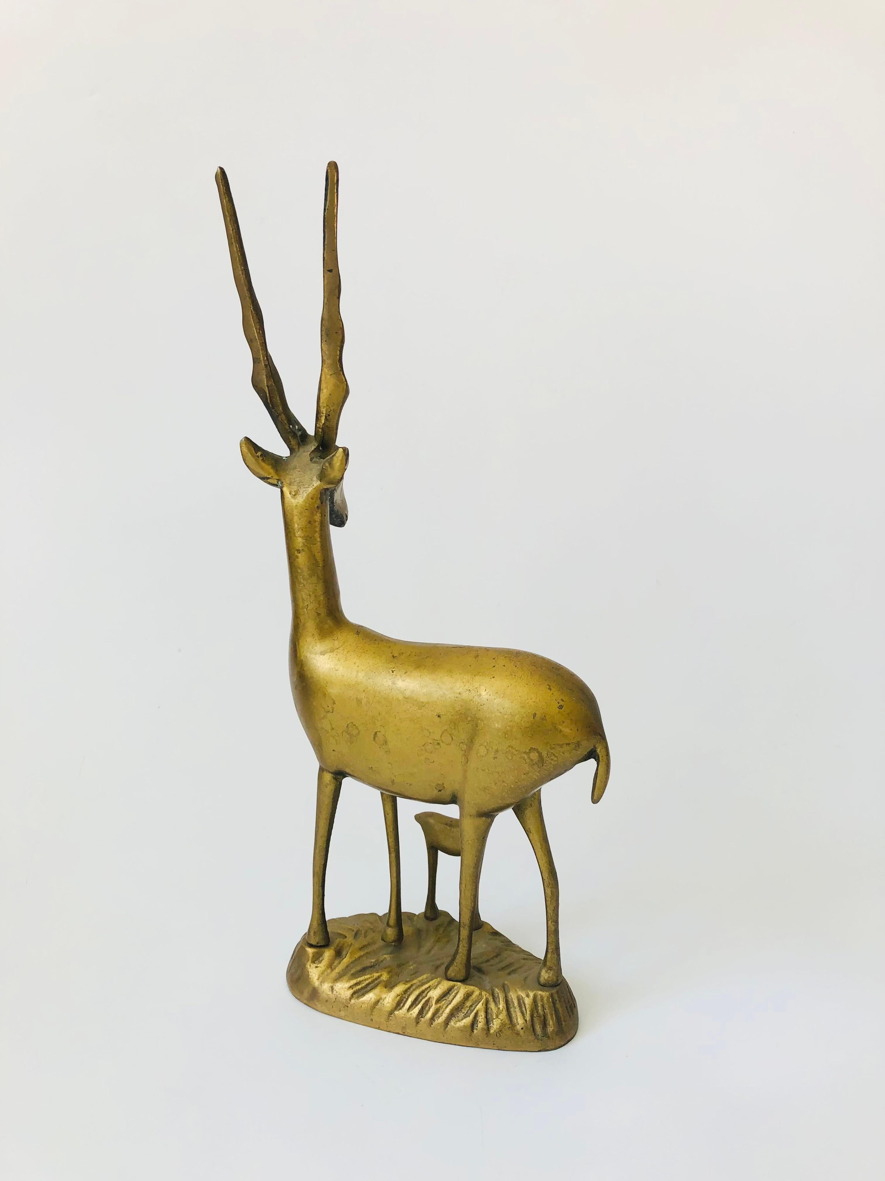 Large Vintage Brass Gazelle with Baby For Sale 1