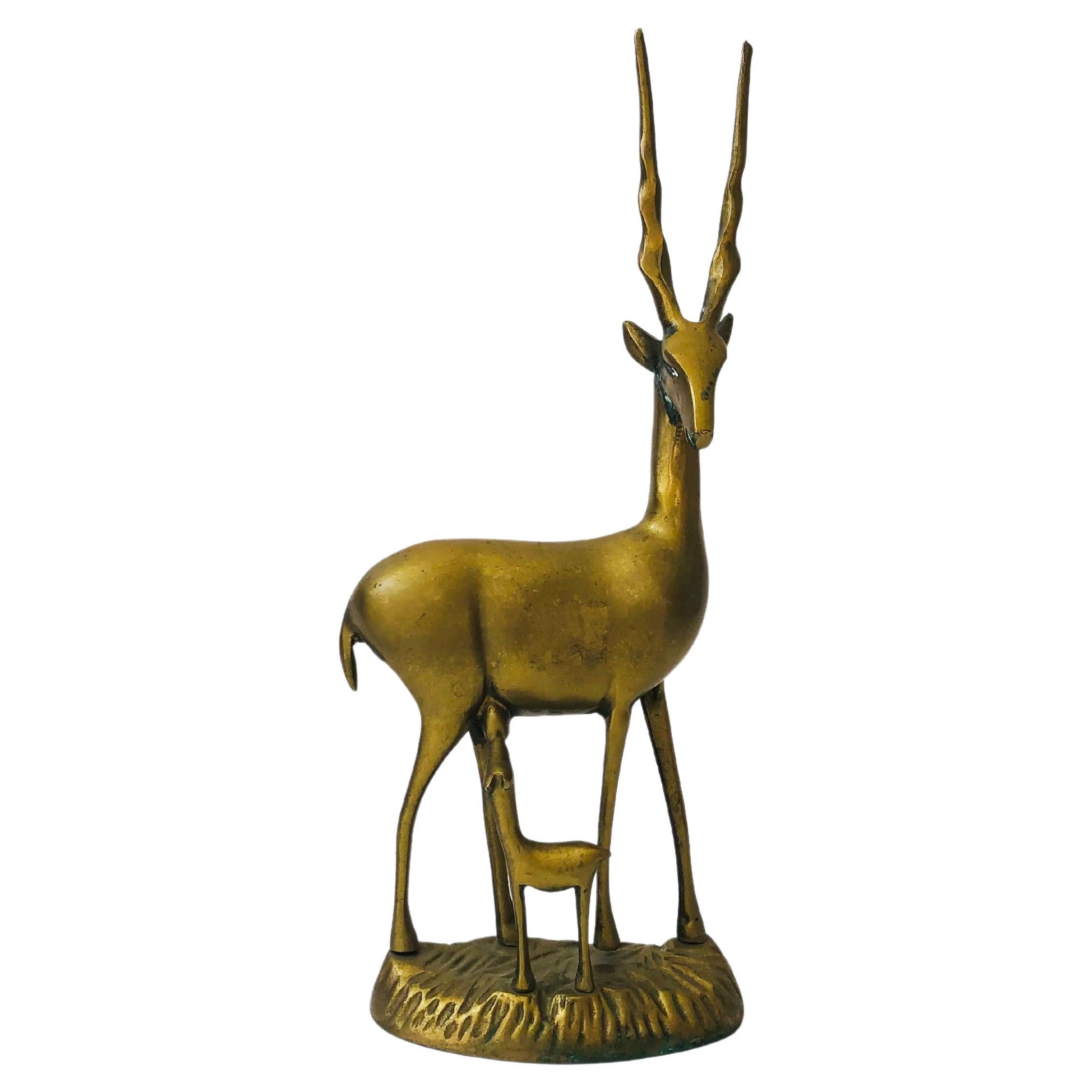 Large Vintage Brass Gazelle with Baby For Sale