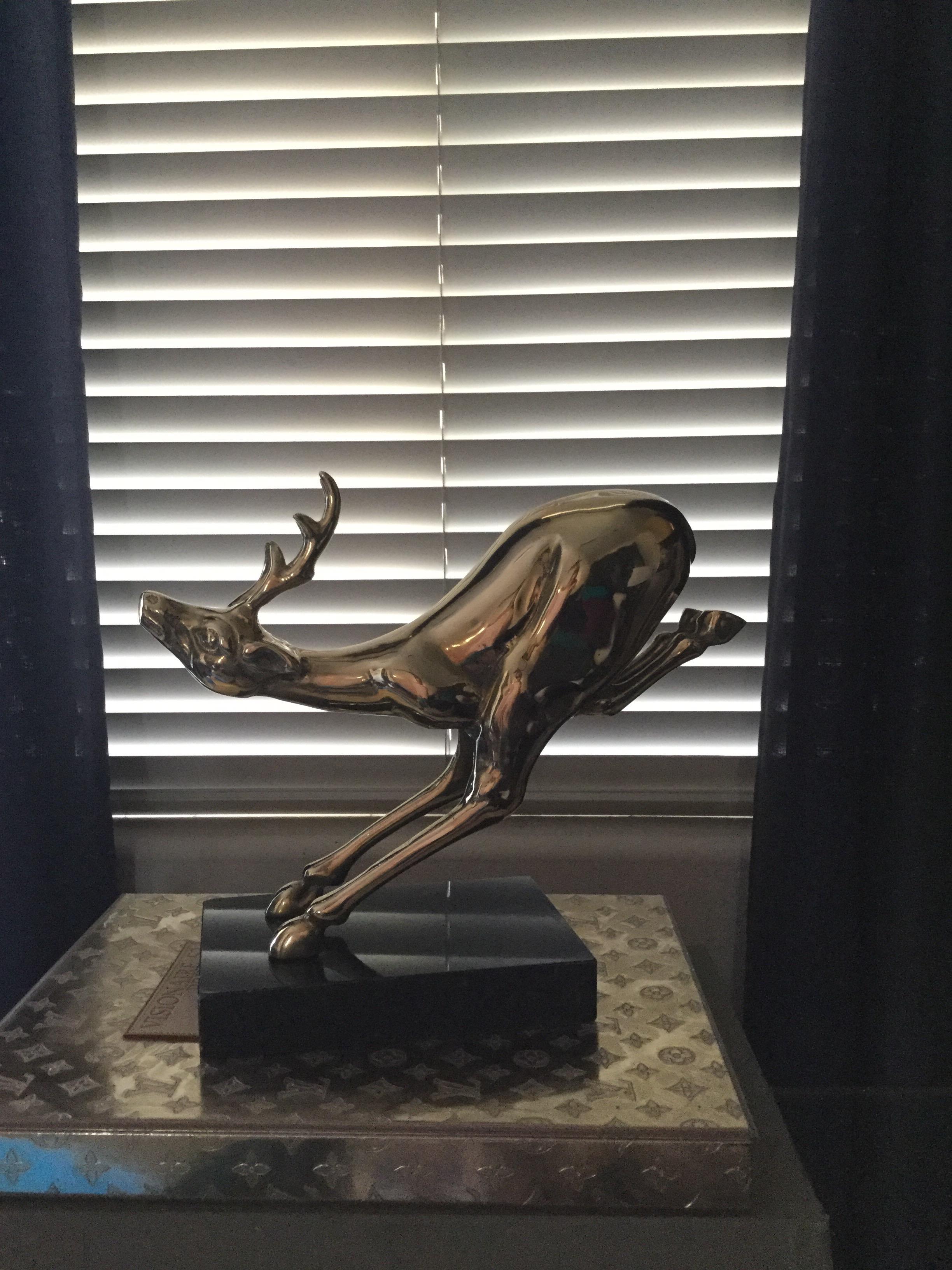 Hollywood Regency Large Vintage Brass Jumping Reindeer Animal Sculpture