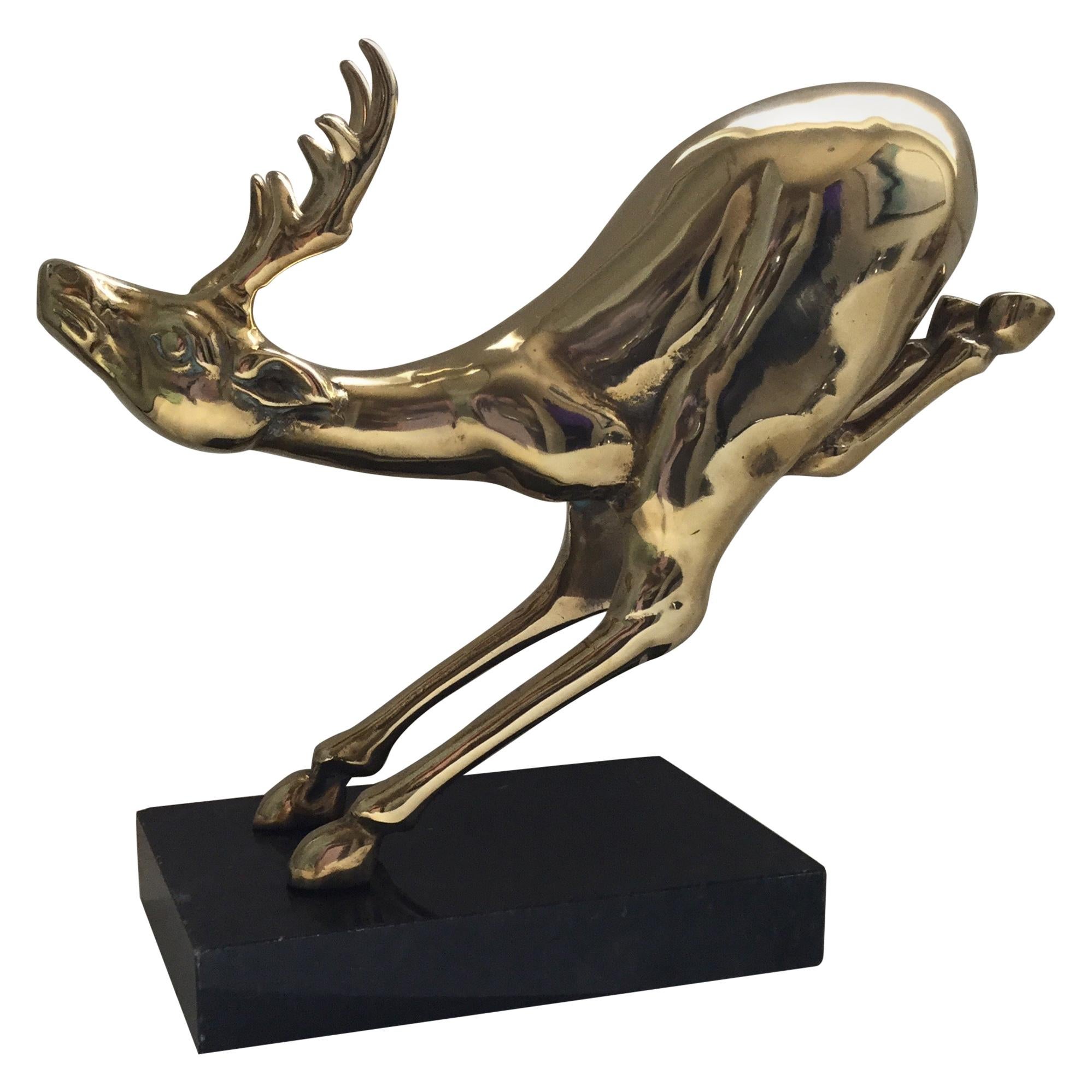 Large Vintage Brass Jumping Reindeer Animal Sculpture