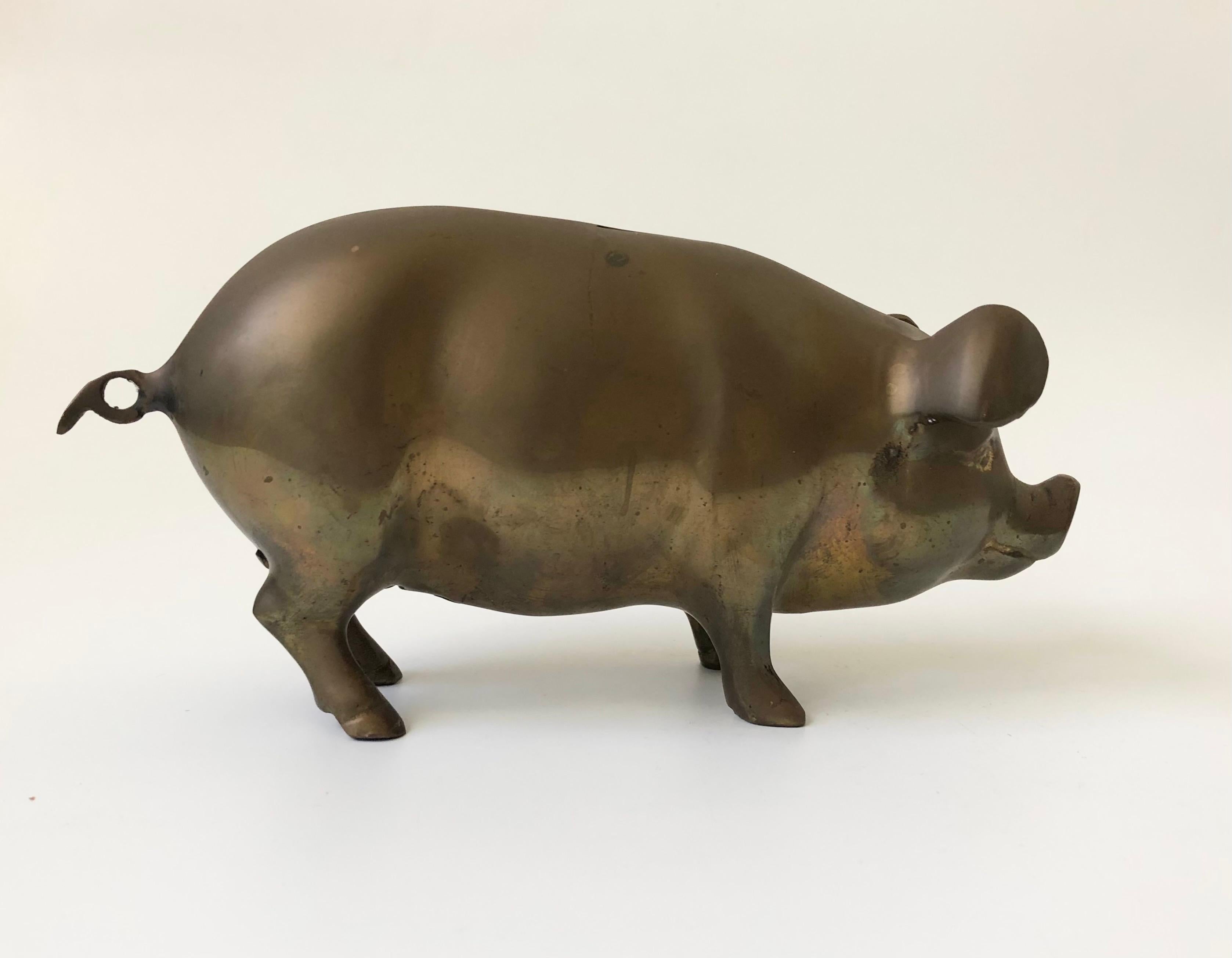 Large Vintage Brass Pig Bank In Good Condition In Vallejo, CA