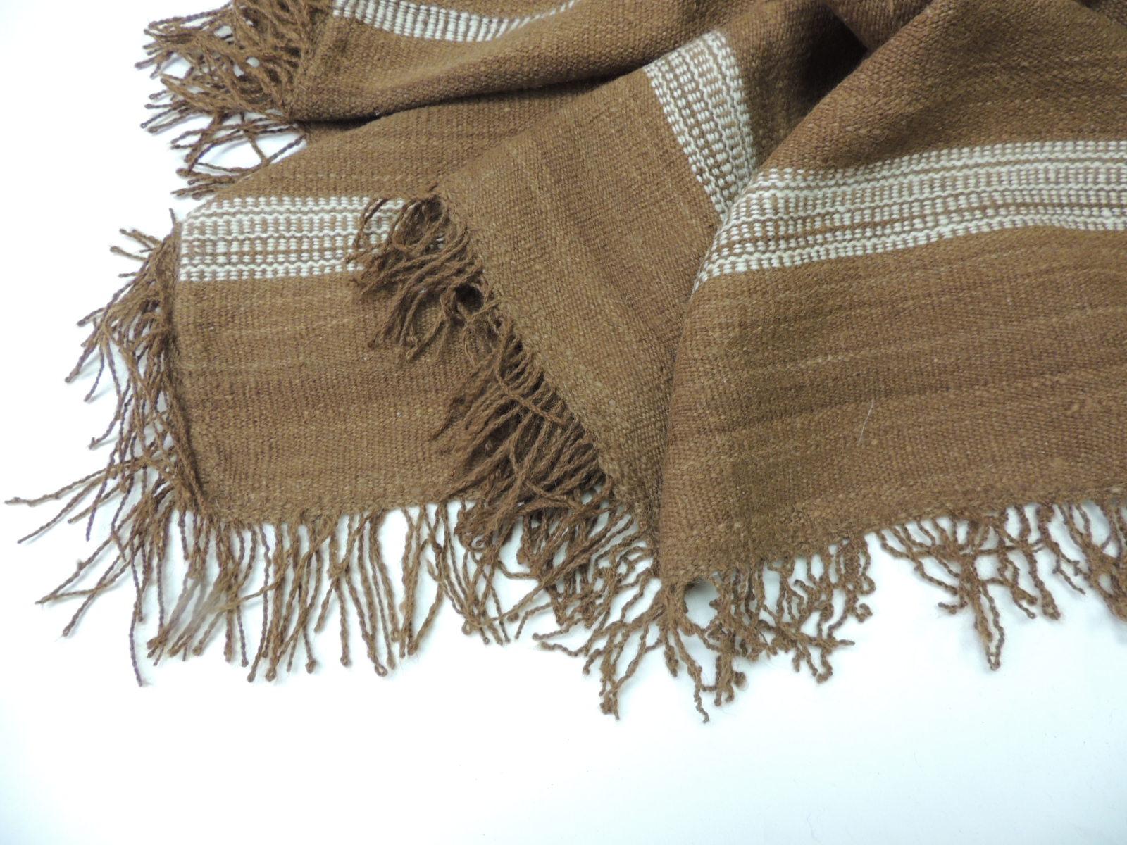 Bohemian Large Vintage Brown and White Woven Wool Throw with Hand-Knotted Fringes