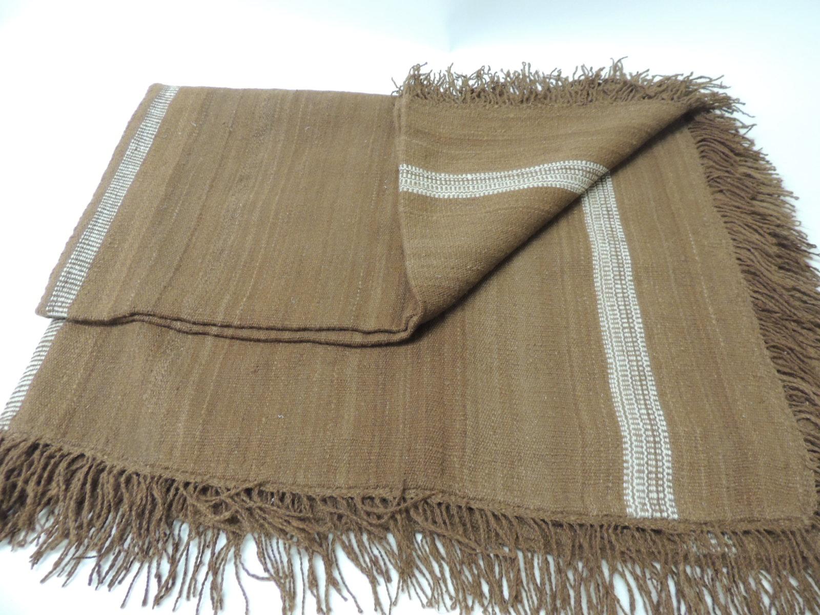 Argentine Large Vintage Brown and White Woven Wool Throw with Hand-Knotted Fringes