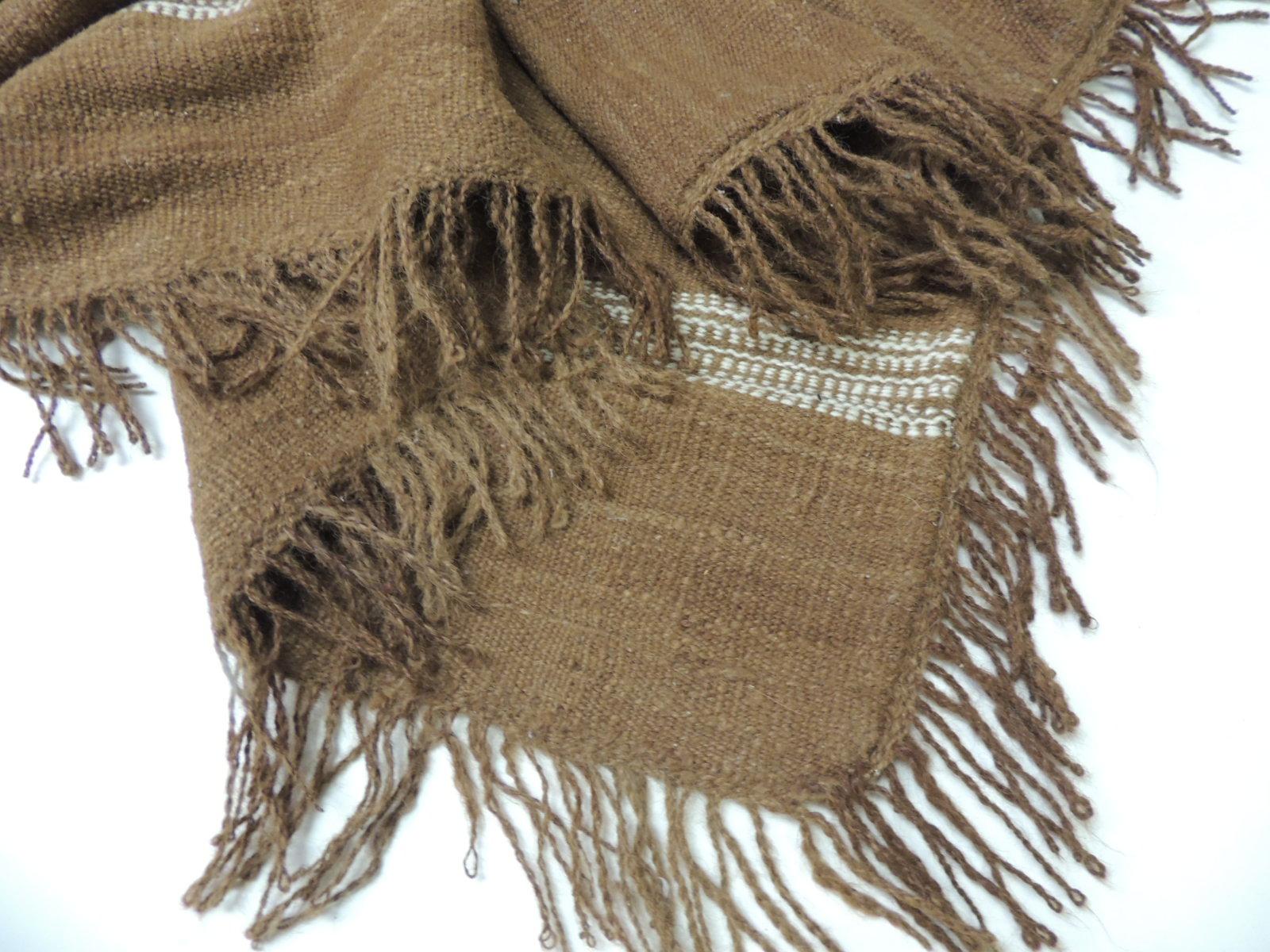 Hand-Crafted Large Vintage Brown and White Woven Wool Throw with Hand-Knotted Fringes